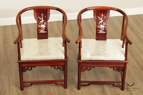 Chinese Pair Rosewood and Mother of Pearl Inlaid Horseshoe Armchairs