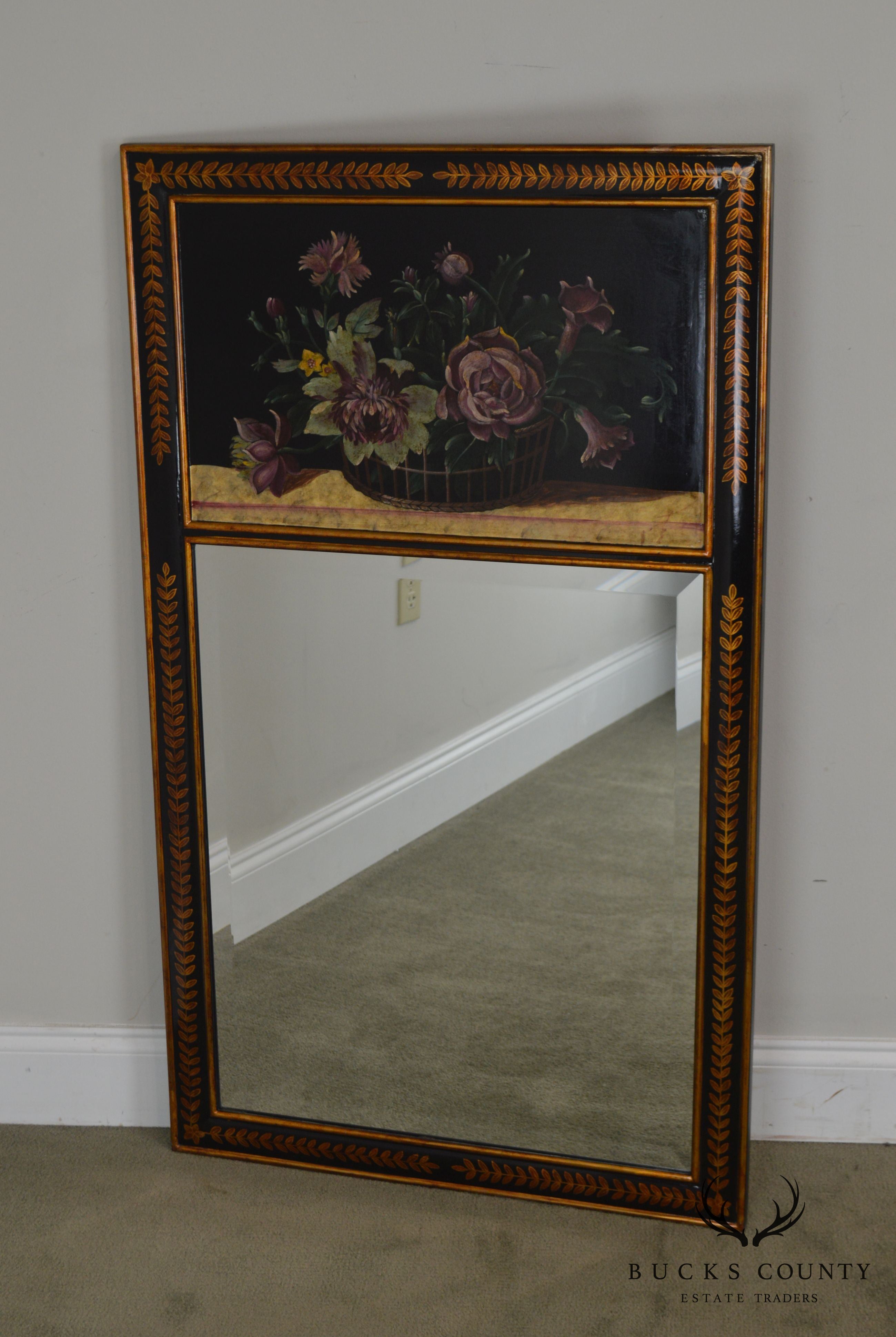 Quality Black & Gold Frame Trumeau Mirror with Hand Painted Flowers