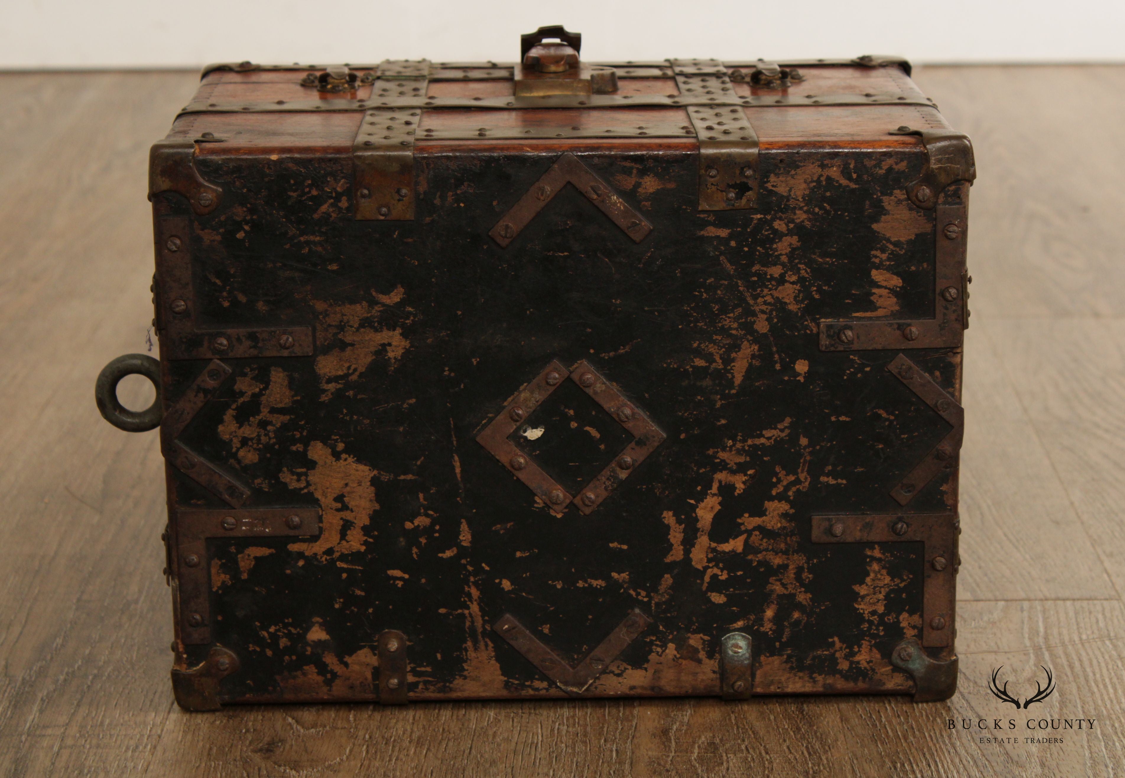 Antique Rustic Wood and Metal Small Storage Steamer Chest Trunk