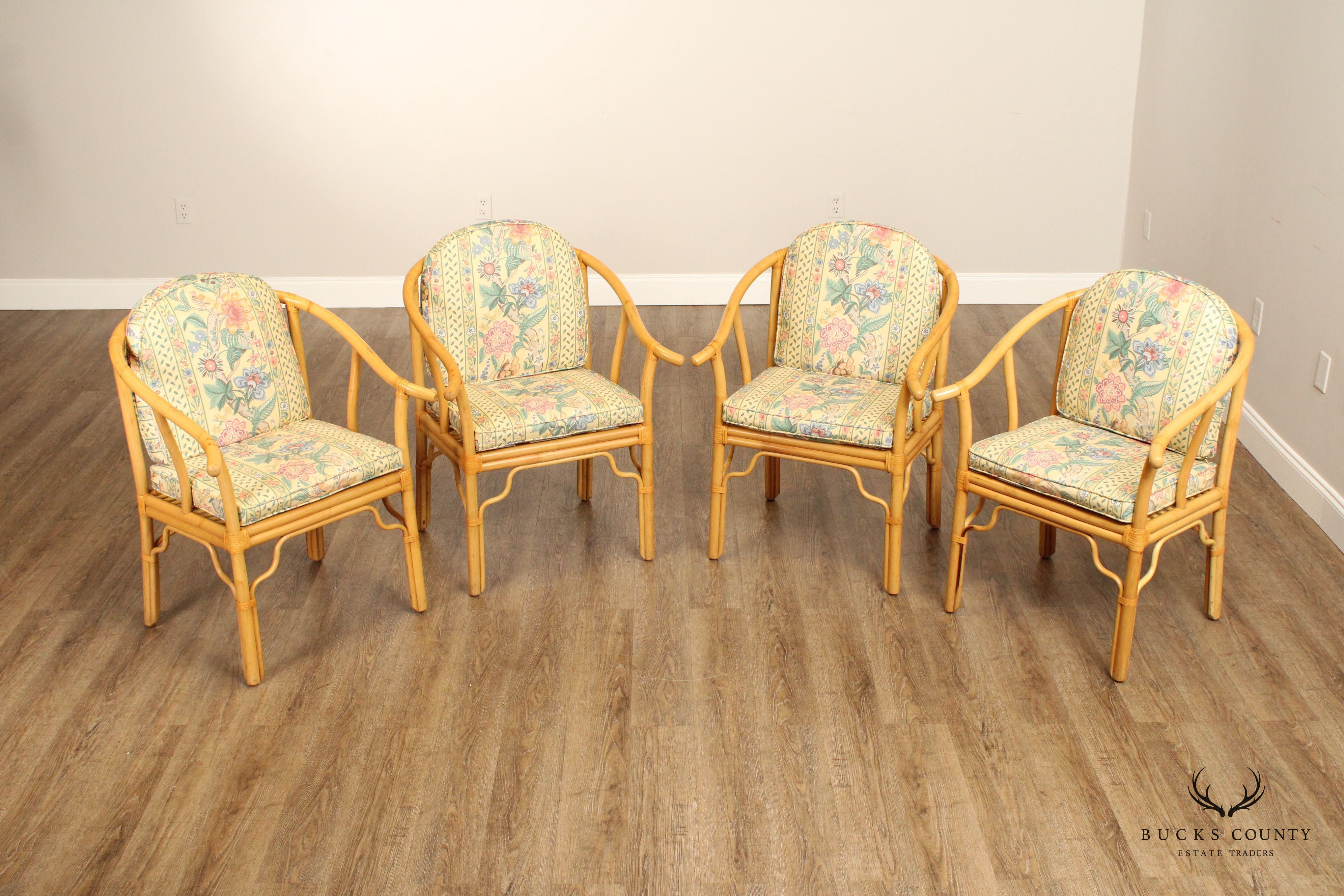 Chinese Bent Bamboo Vintage Set Of Four Horseshoe Back Armchairs