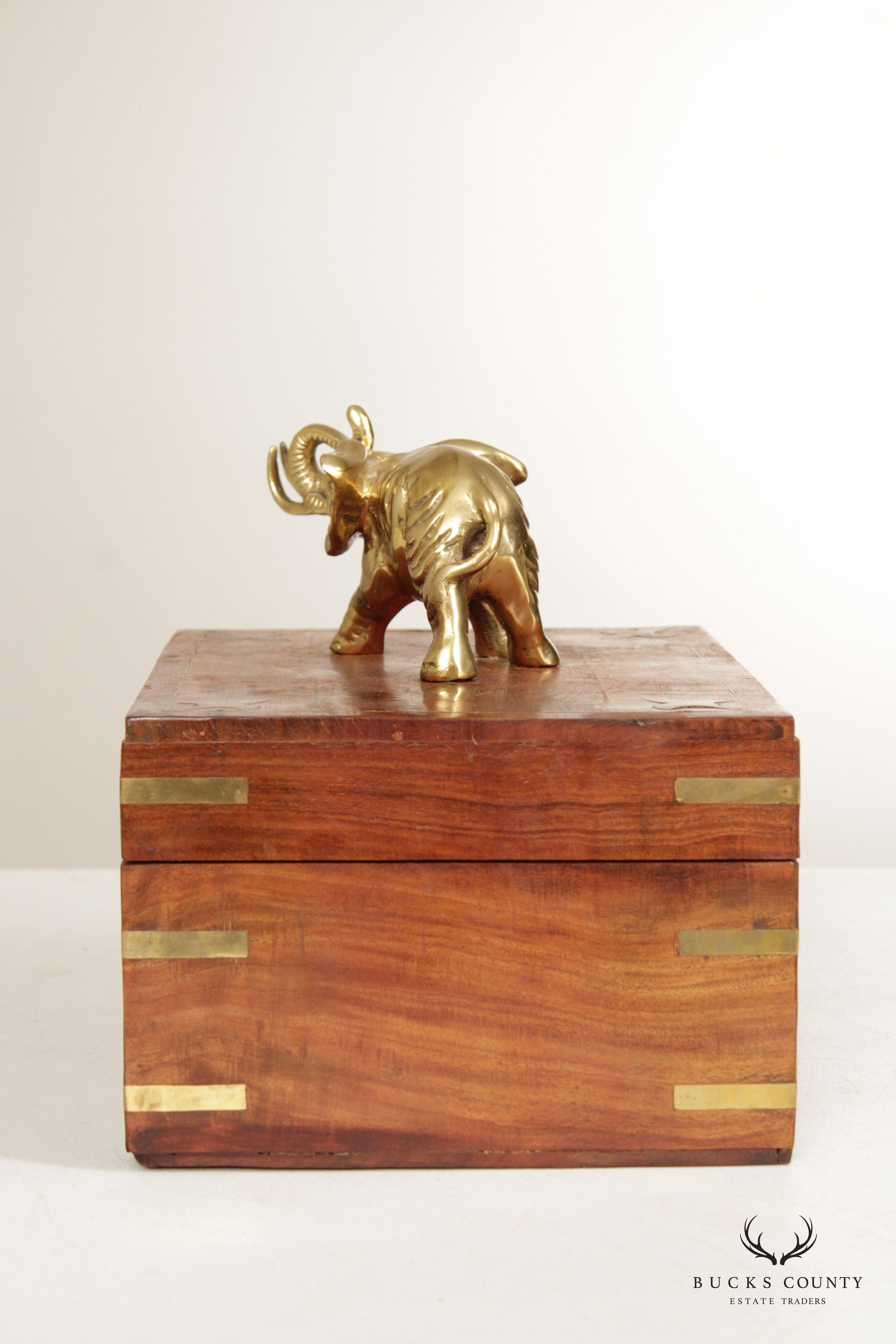 Campaign Style Teak and Brass Elephant Cigar or Jewelry Box