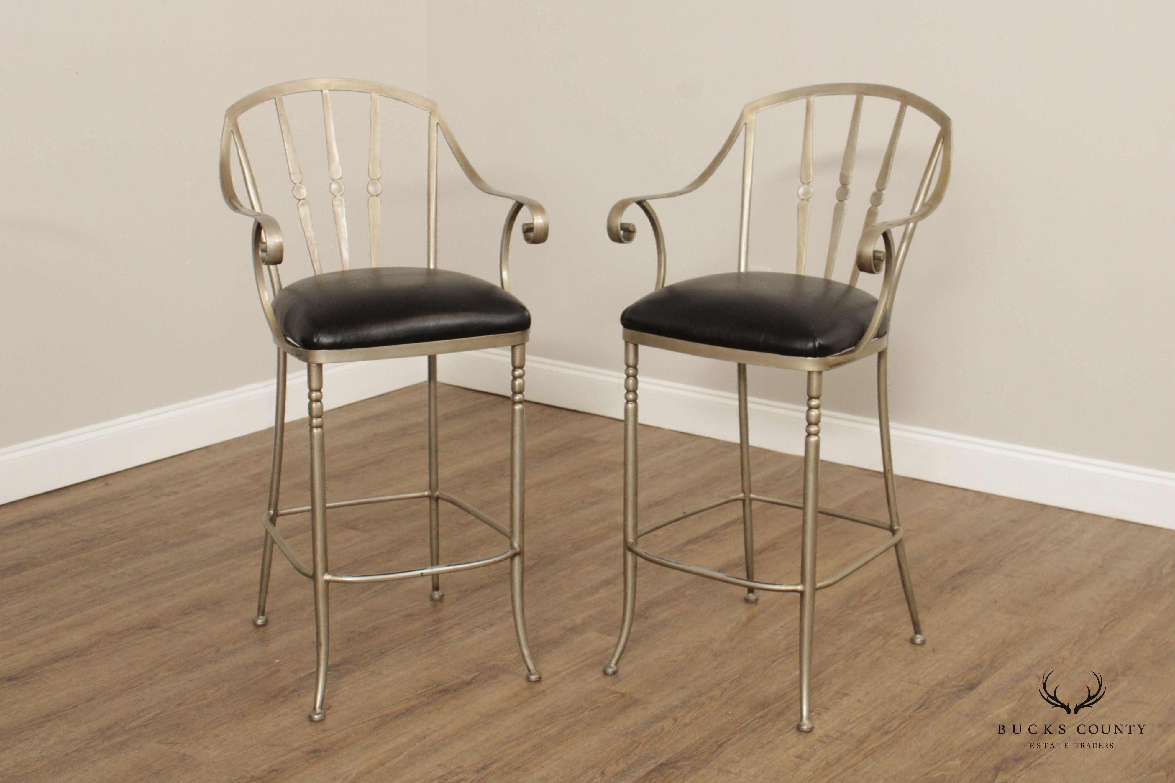 French Style Pair of Iron Frame Bar Stools