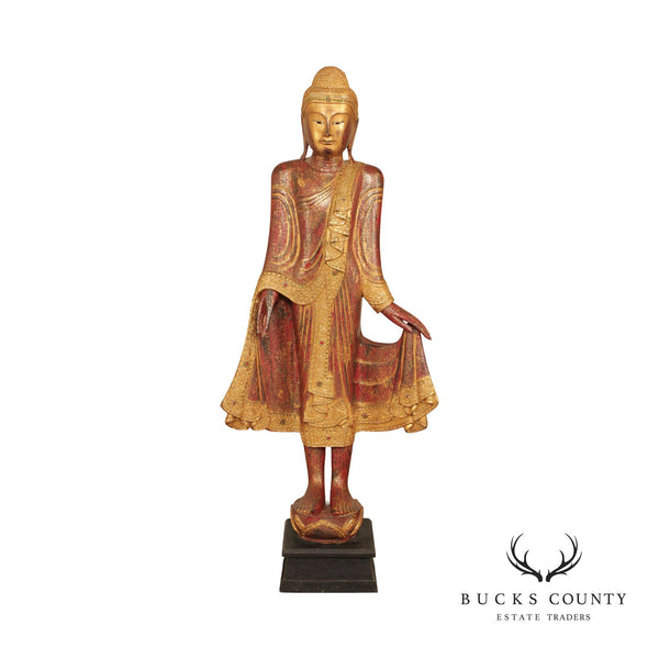 Burmese Mandalay Gilded Red Lacquer Tall Standing Buddha