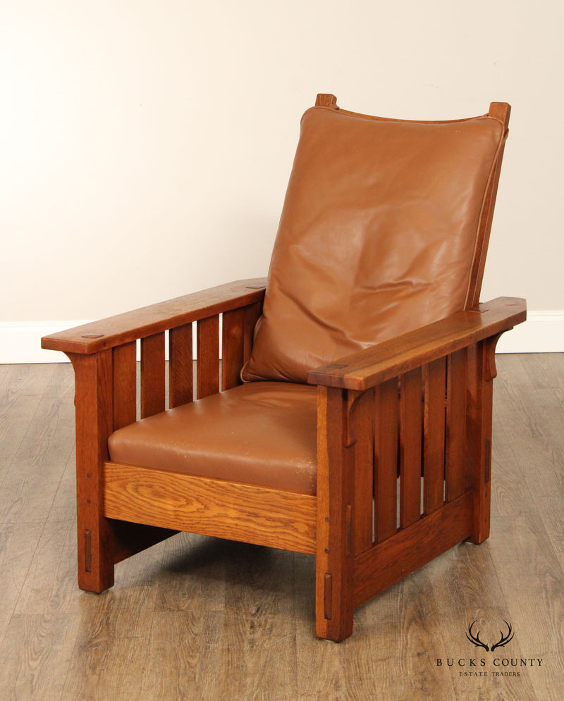 Gustav Stickley Antique Mission Oak and Leather Reclining Morris Chair