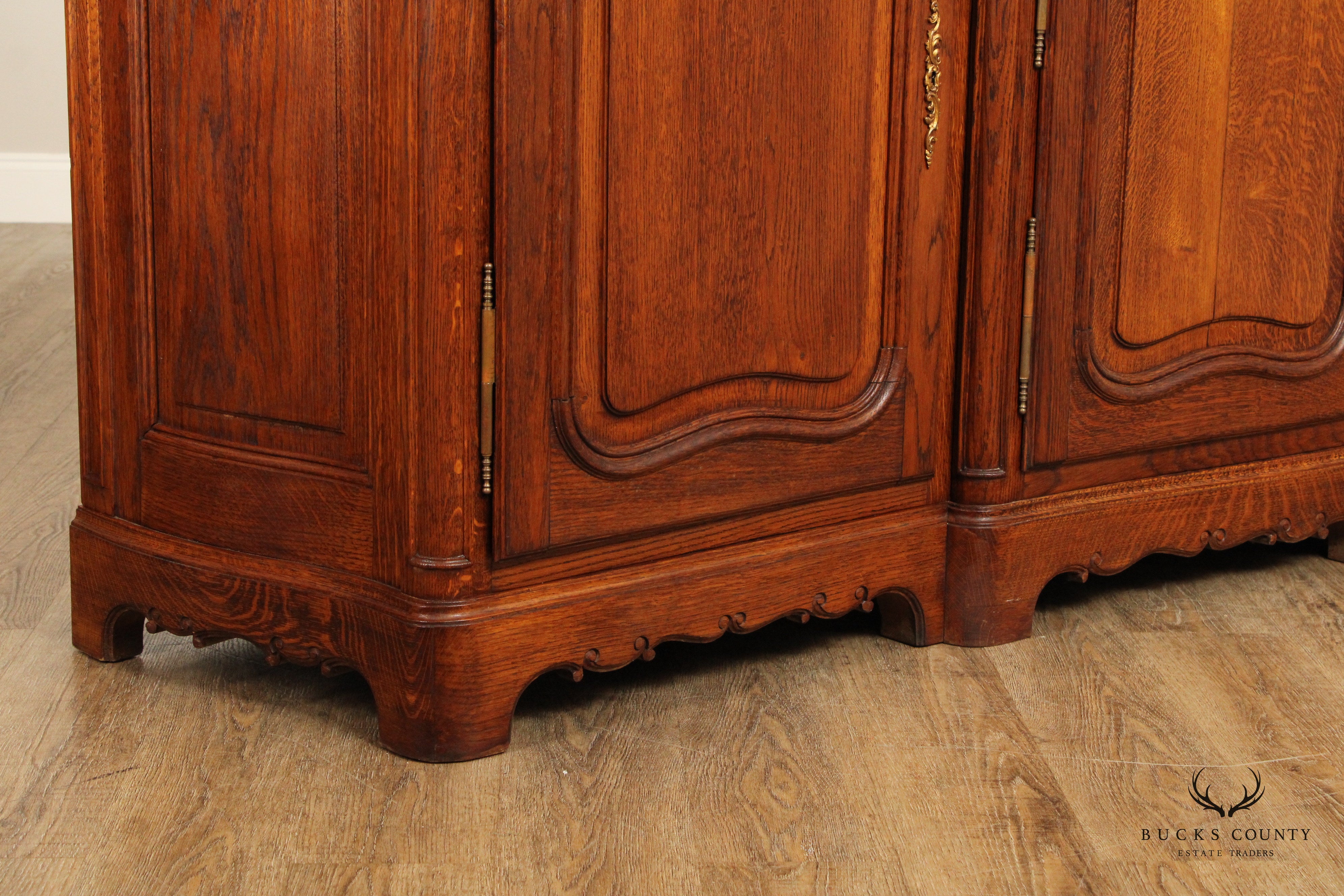 Antique French Louis XV Style Breccia Marble Top Long Oak Sideboard