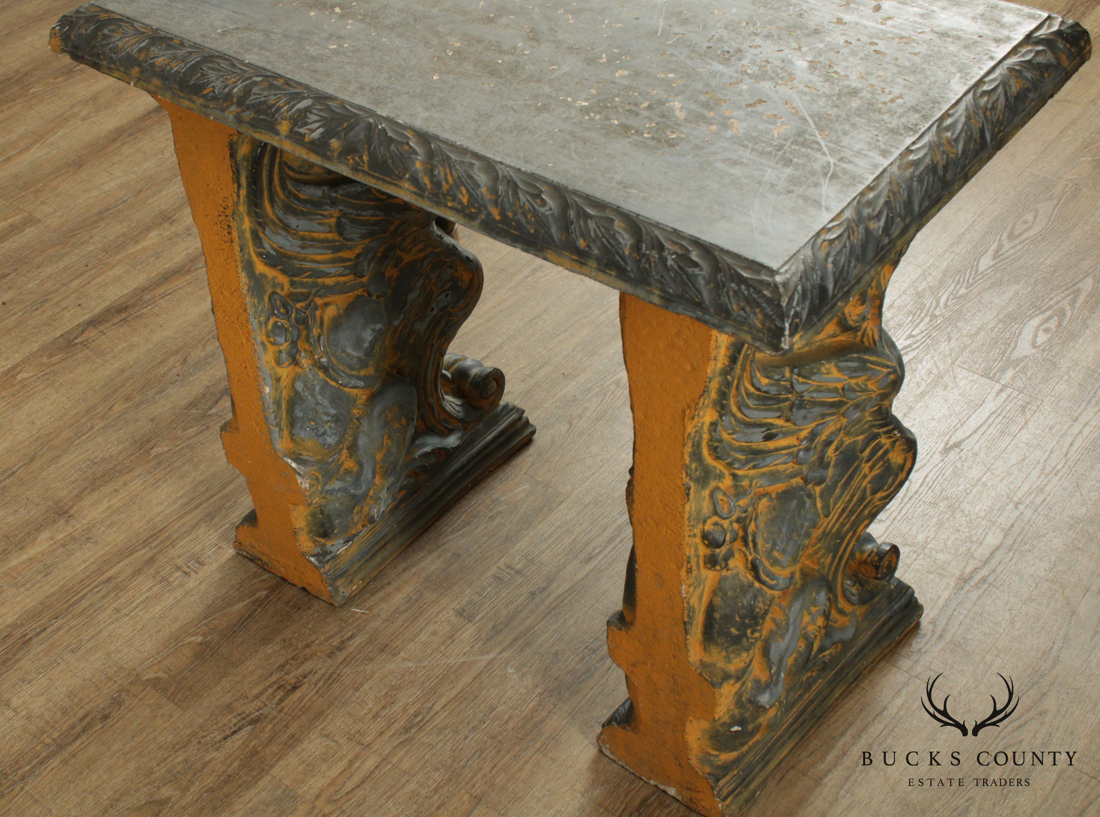 Vintage Cast Stone Winged Griffin Console Table