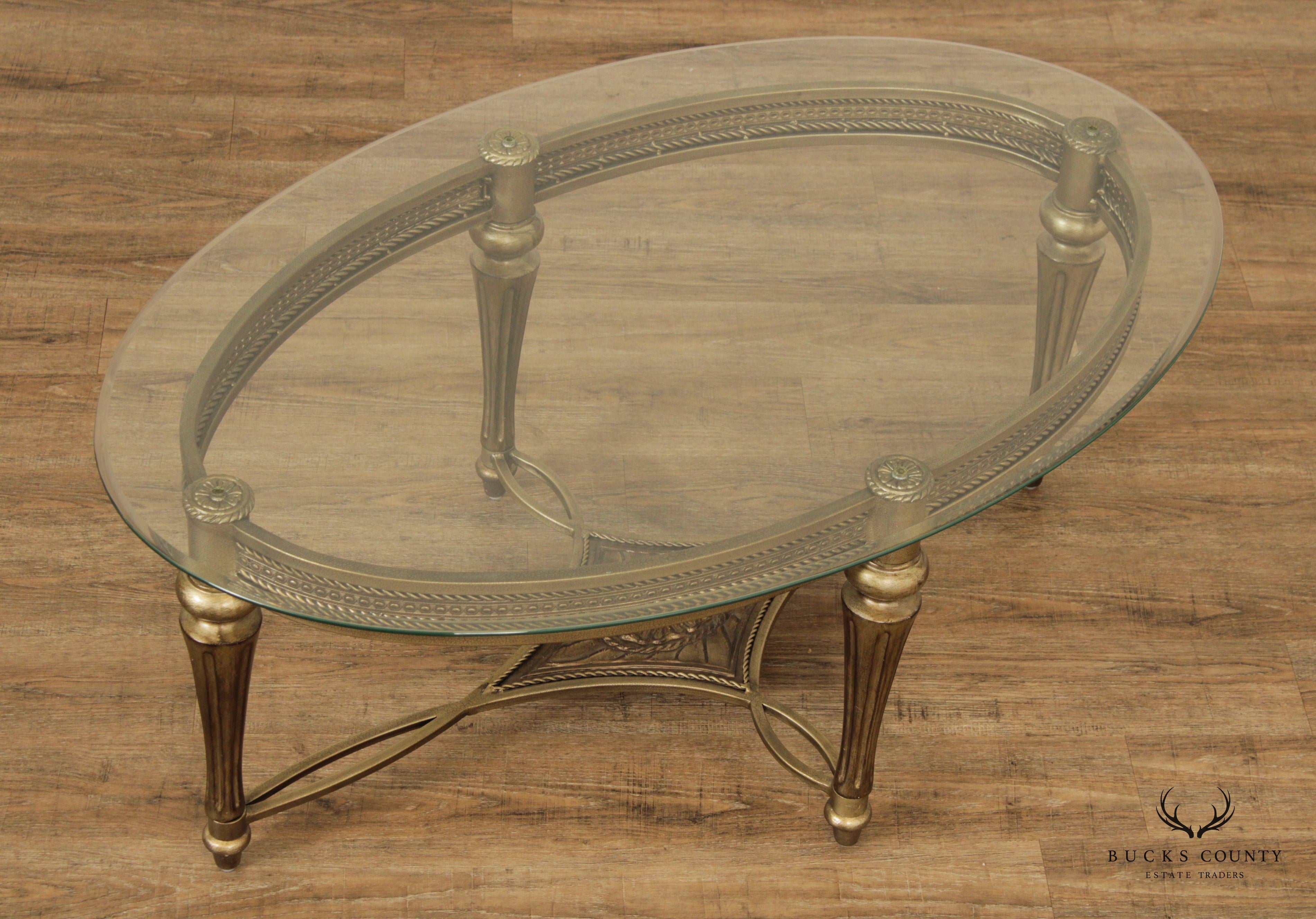 Neoclassical Style Oval Iron and Glass Cocktail Table