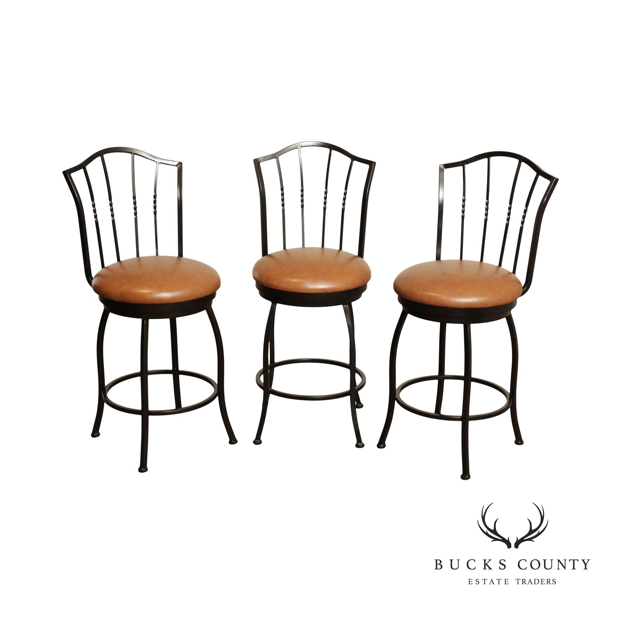 Trendler Set of 3 Wrought Iron and Leather Swivel Counter Bar Stools