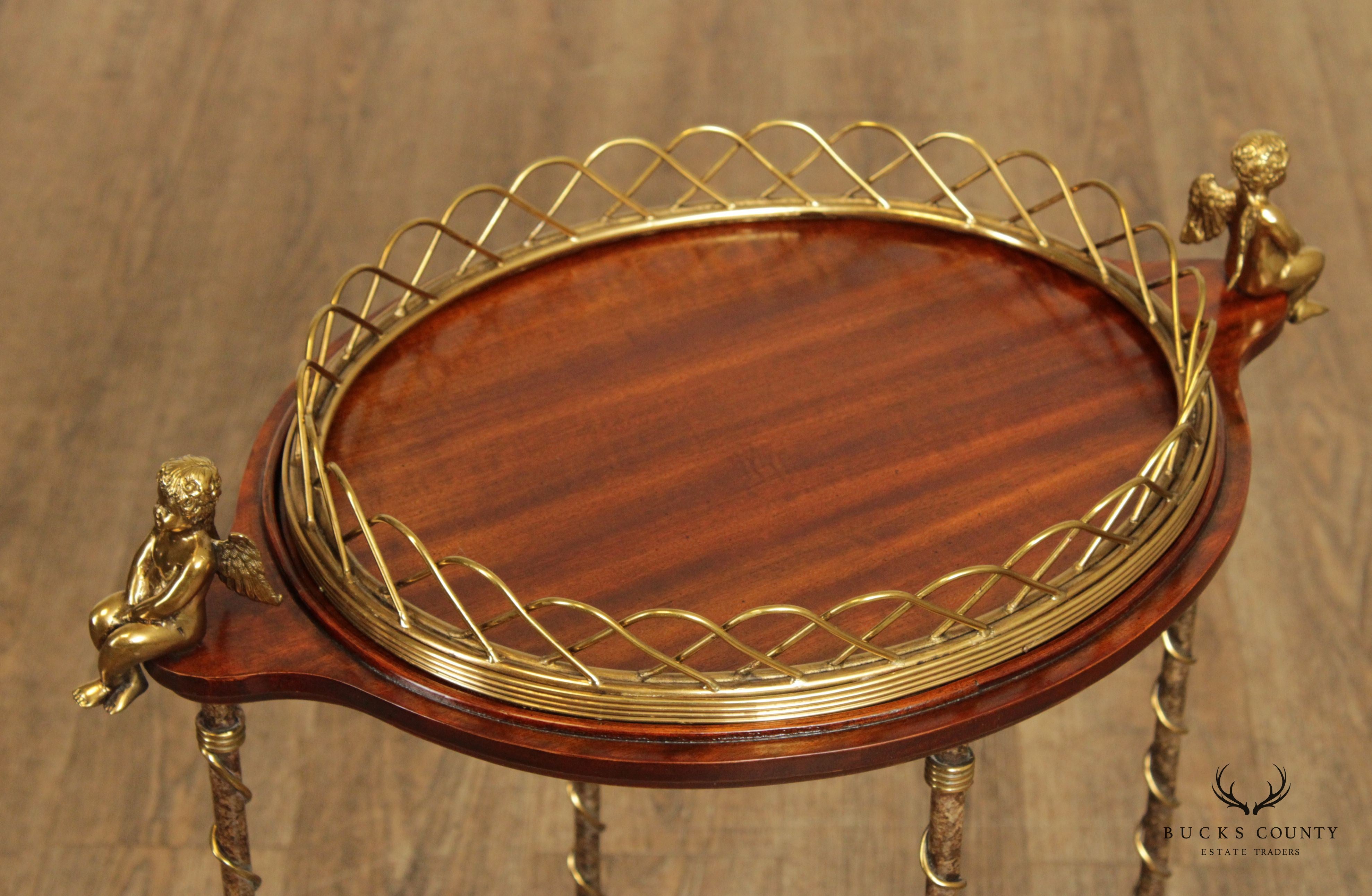 LaBarge Regency Style Mahogany and Brass Cherub Oval Plant Stand