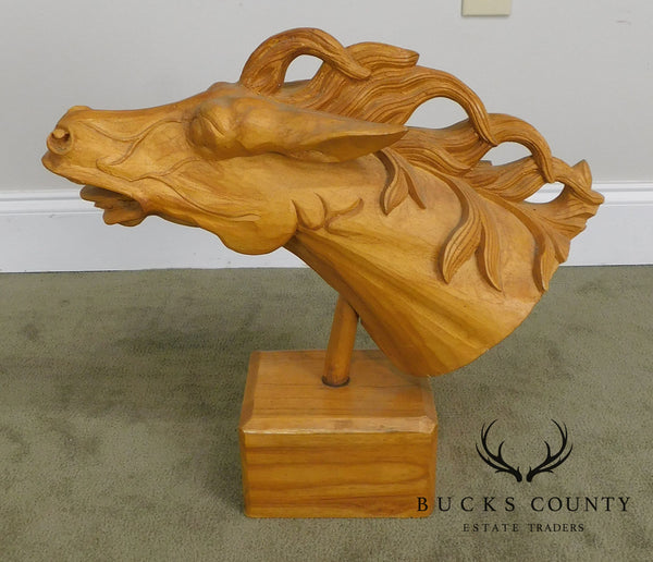 Hand Carved Wood Horse Stallion Head Sculpture