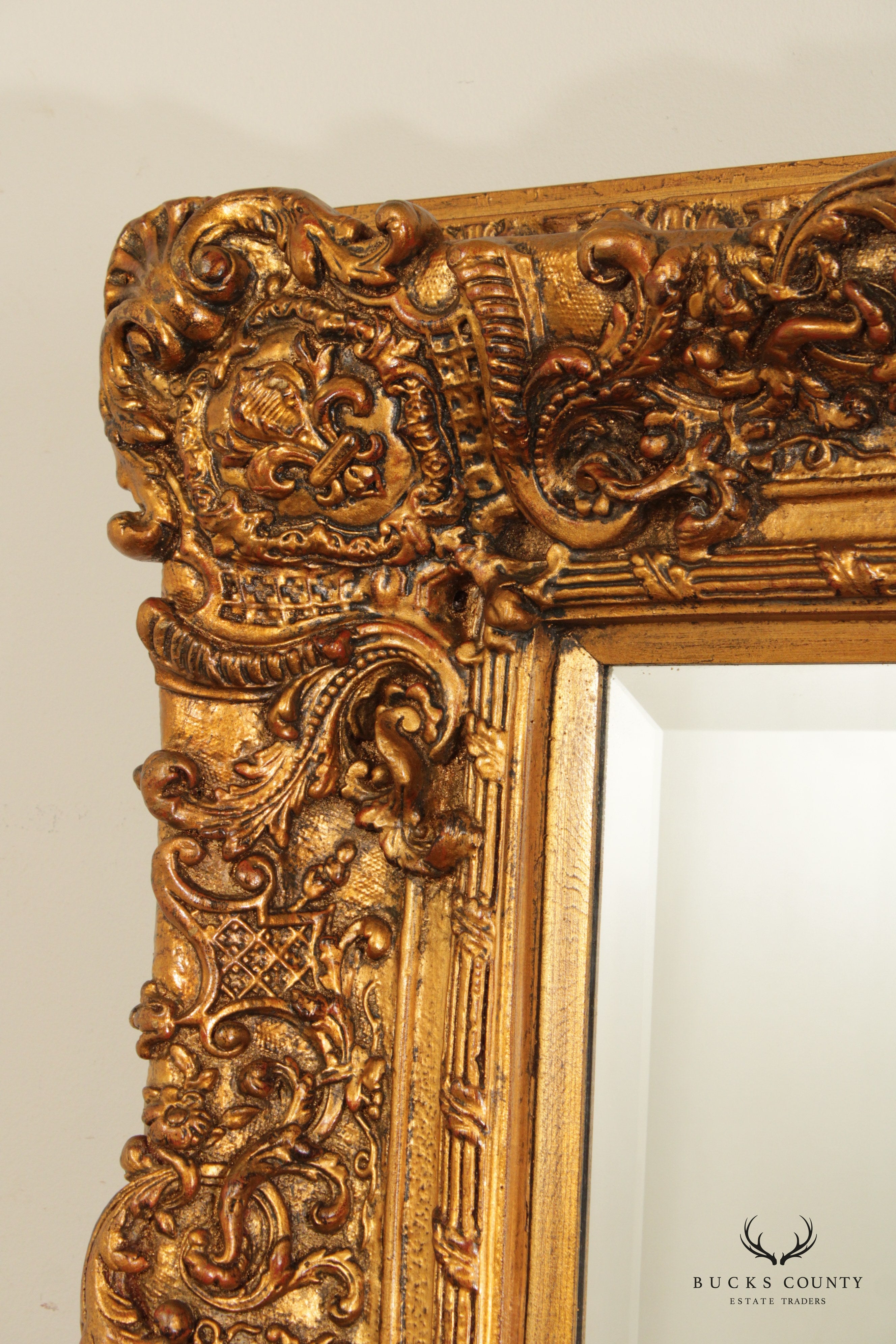 French Style Gilt Gold Carved Large Beveled Wall Mirror