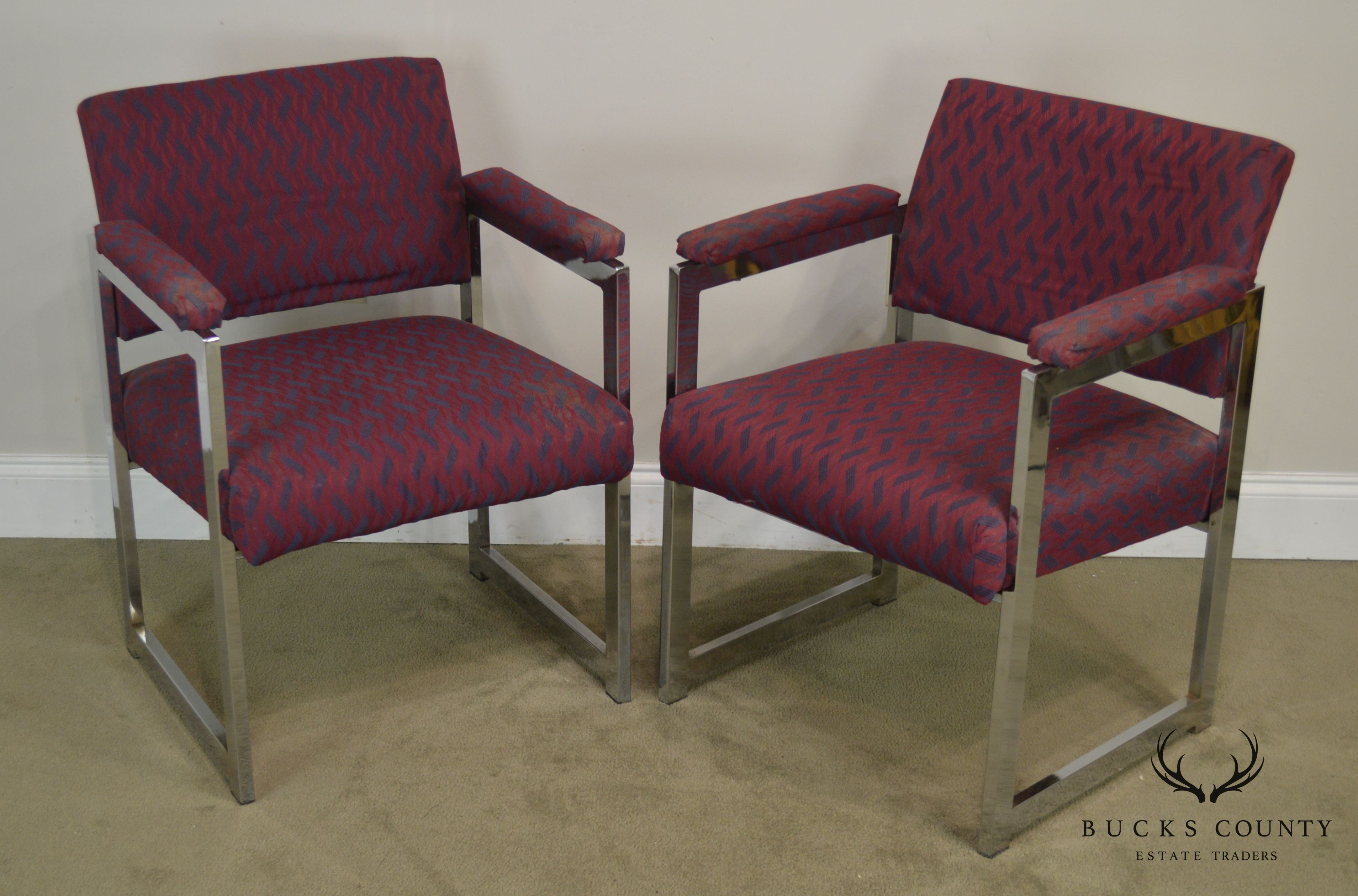 Mid Century Modern Milo Baughman Style Pair Chrome Armchairs