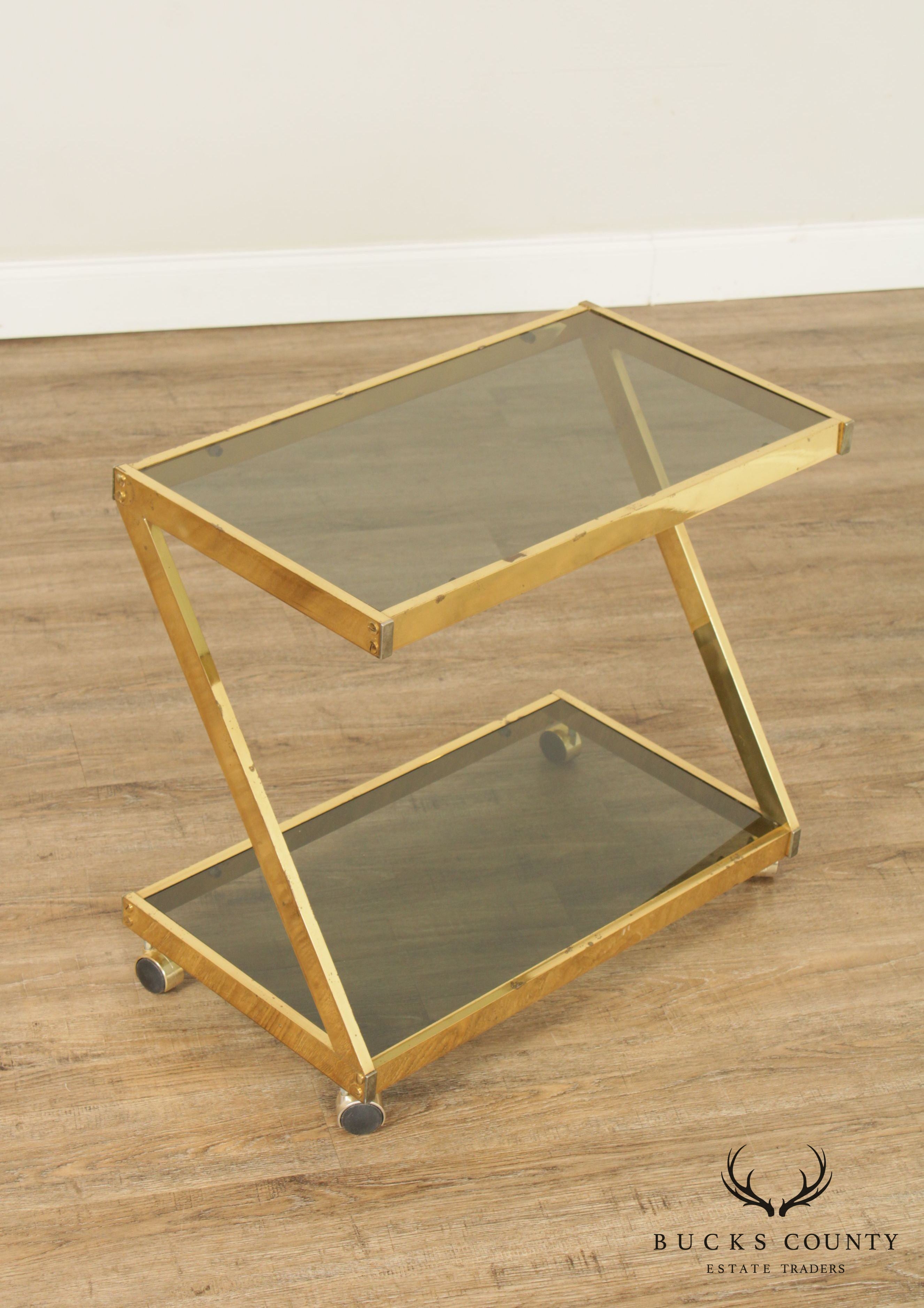 Modernist Brass and Smoked Glass Z-Form Two Tier Bar Cart