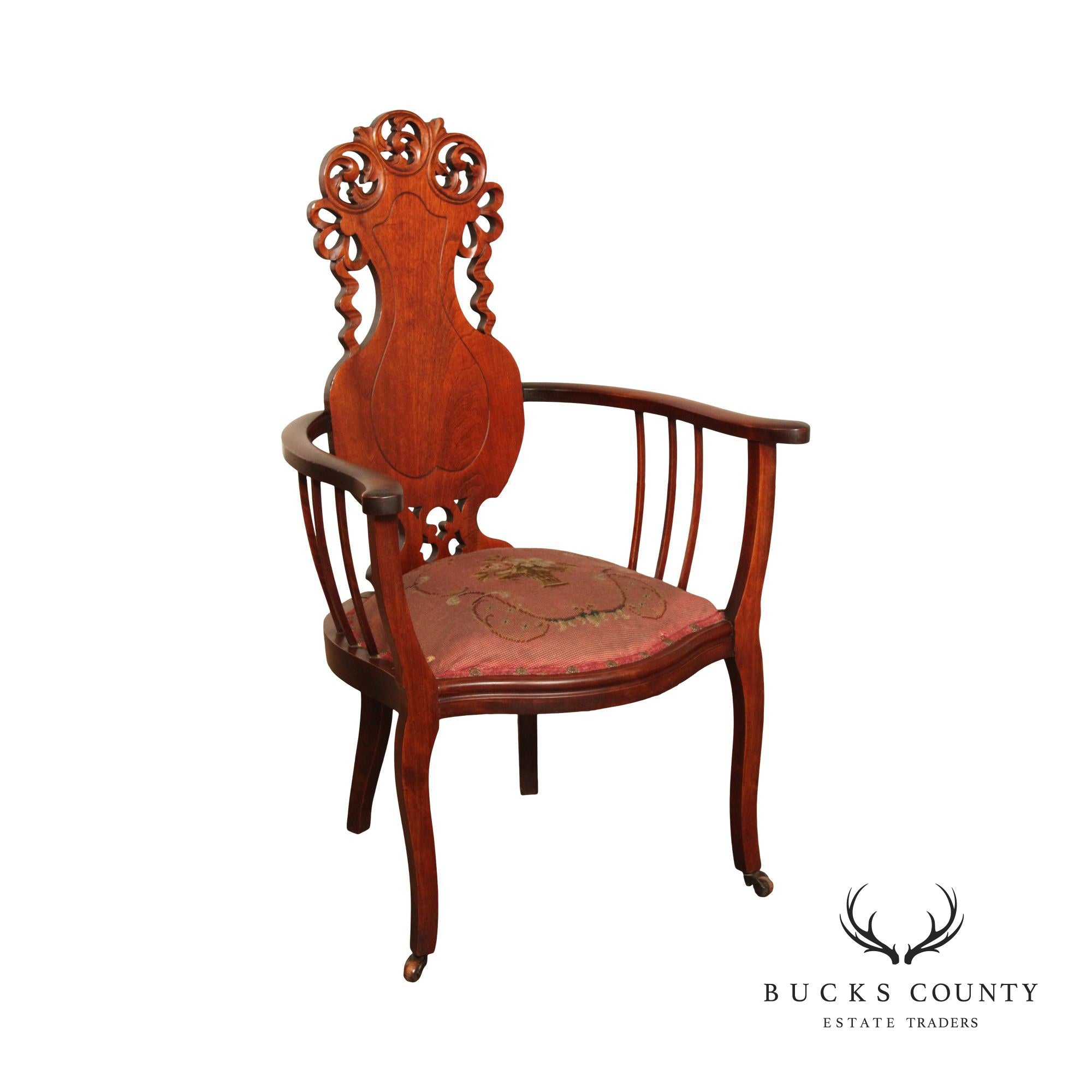 Antique Art Nouveau Carved Mahogany Armchair