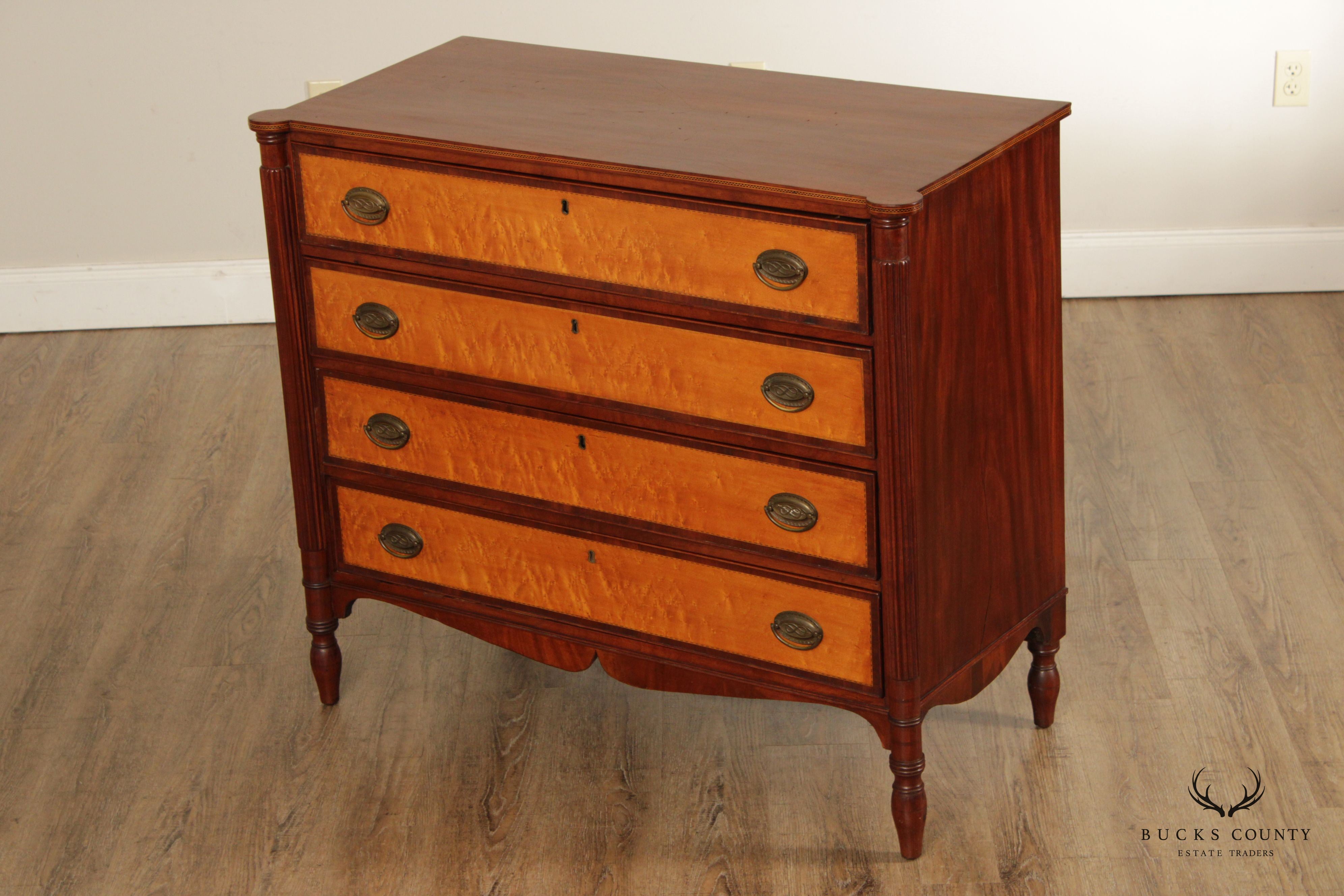 Antique American Sheraton Mahogany and Maple Chest of Drawers