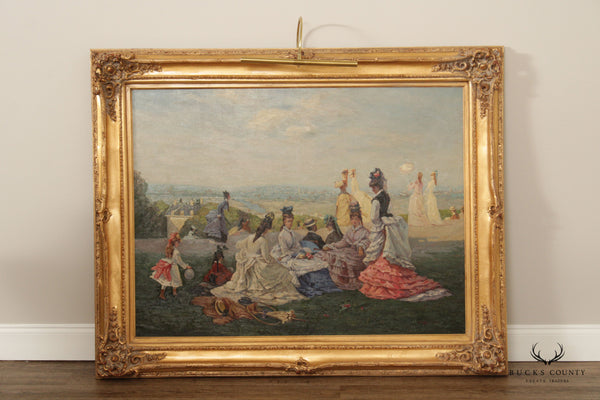 Vintage 'Dimanche À Bellevue' Large Oil Painting, After Gabriel Amable de la Foulhouze