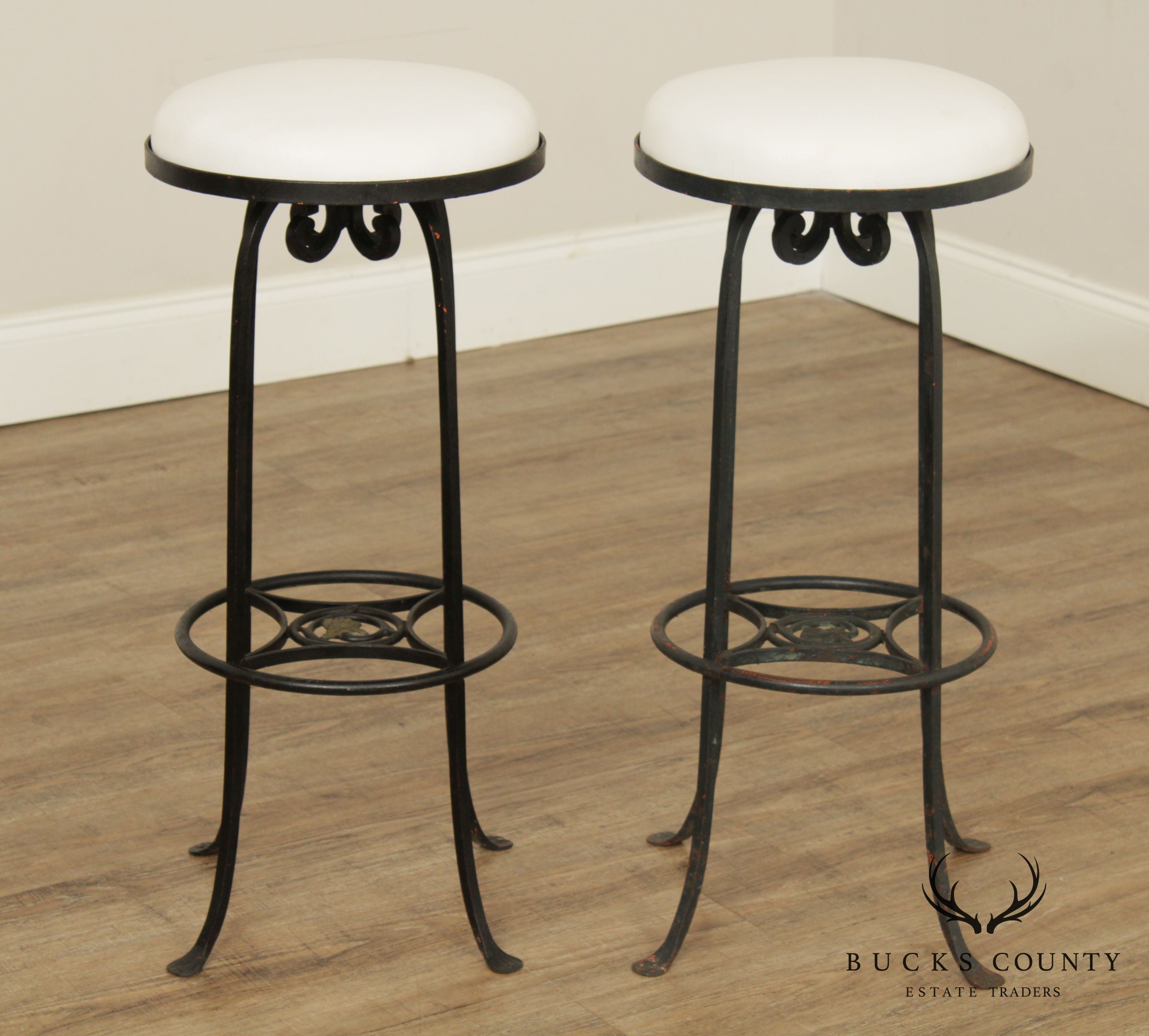 Custom Pair of Vintage Wrought Iron and Vinyl Patio Bar Stools