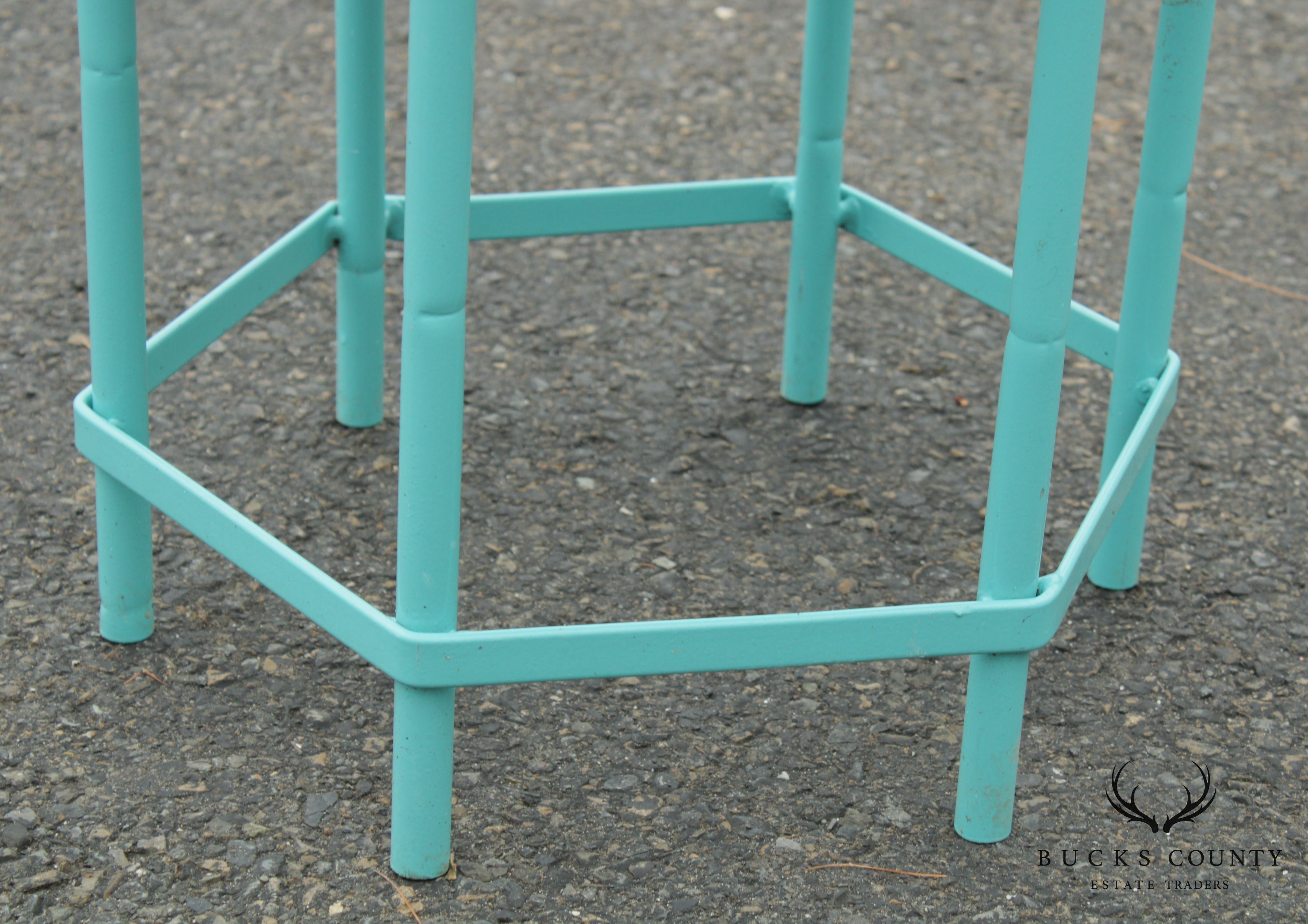 Mid Century Modern Teal Painted Base Hexagon Top Patio Side Table