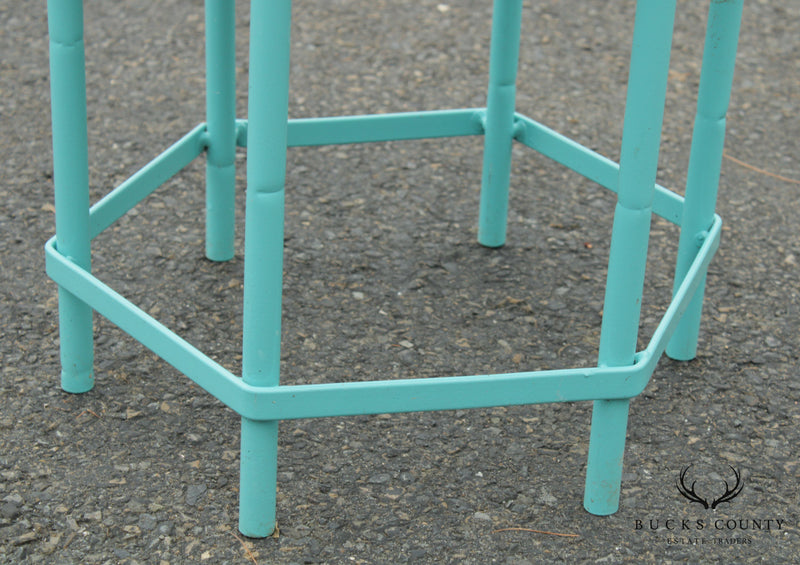 Mid Century Modern Teal Painted Base Hexagon Top Patio Side Table
