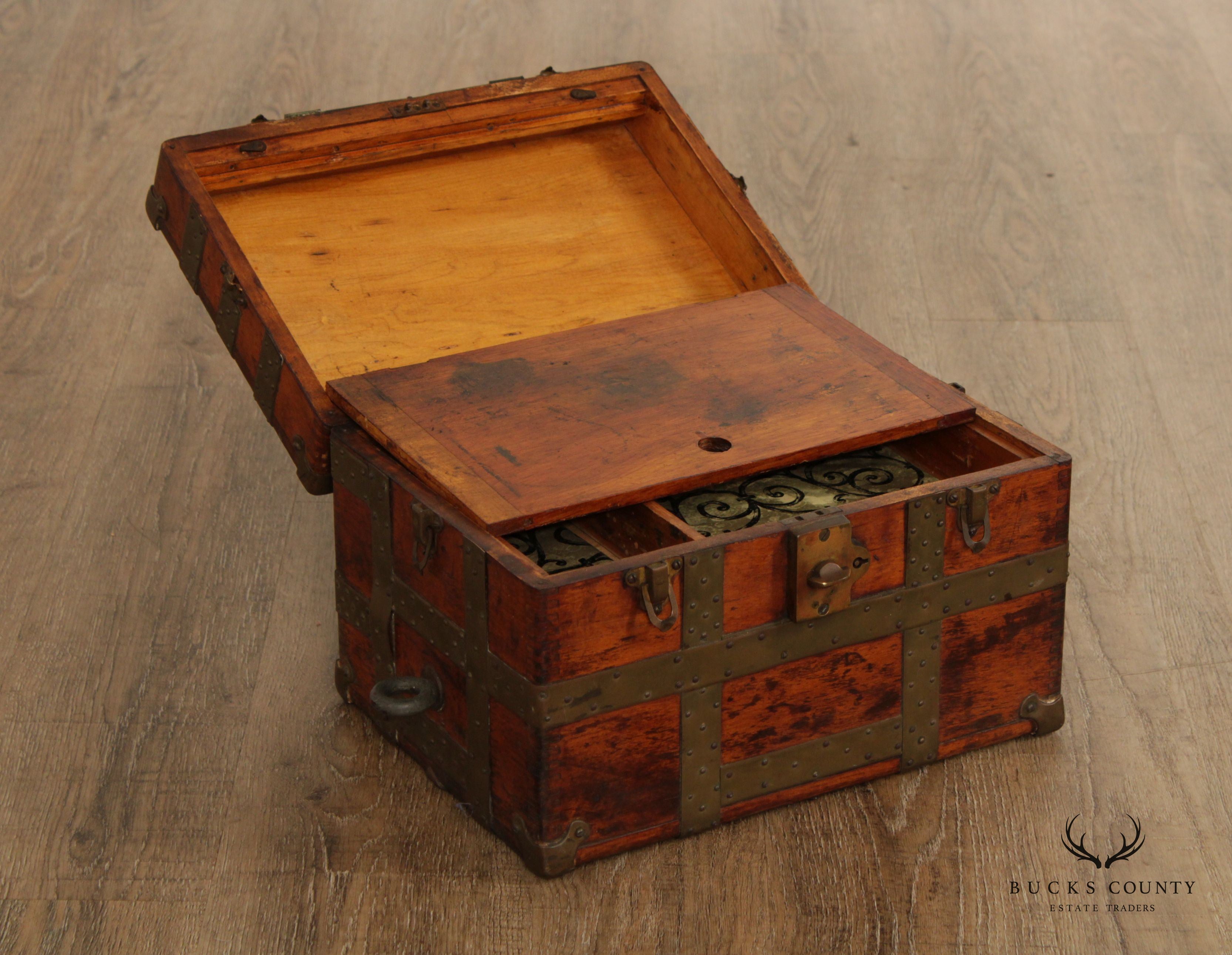 Antique Rustic Wood and Metal Small Storage Steamer Chest Trunk