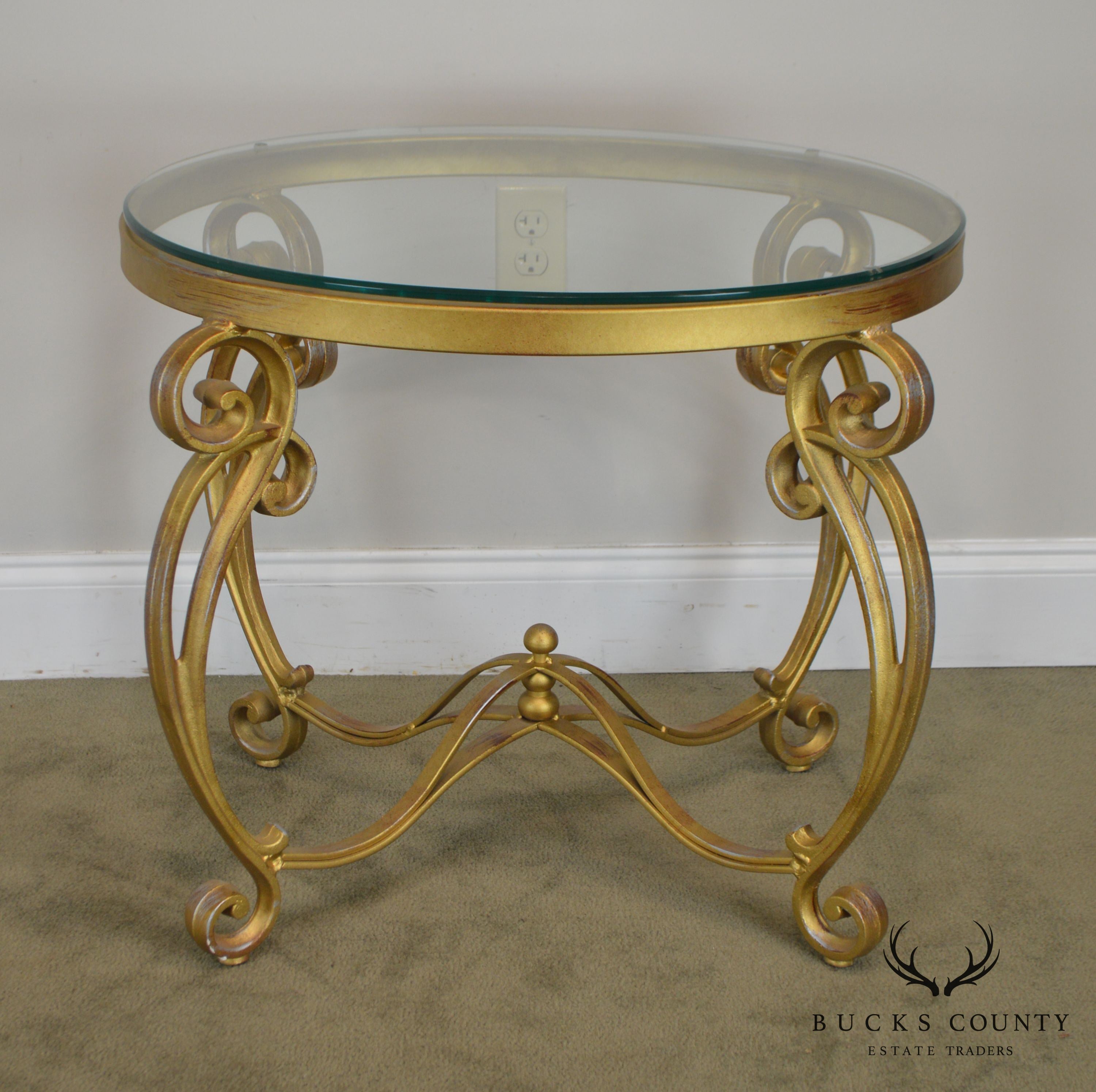 Rococo Style Gilt Metal Scrolled Base Glass Top Side Table