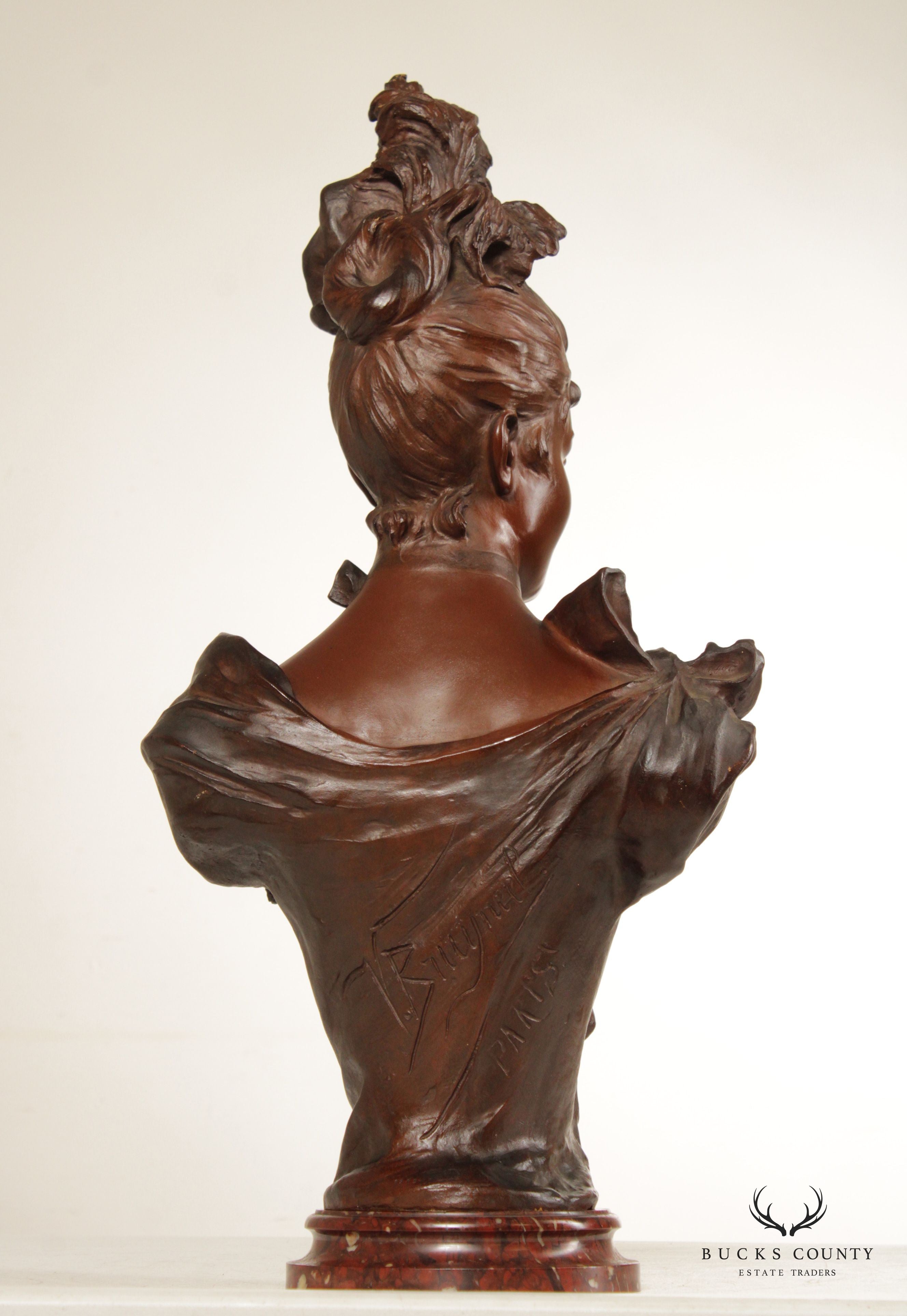 French Art Nouveau Bronze Female Bust Sculpture, After Victor Bruyneel