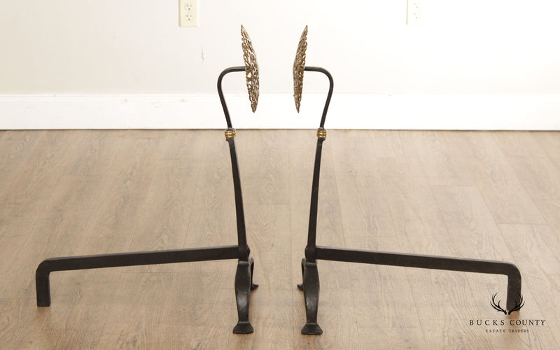 Arts and Crafts Style Quality Pair of Iron and Brass Andirons