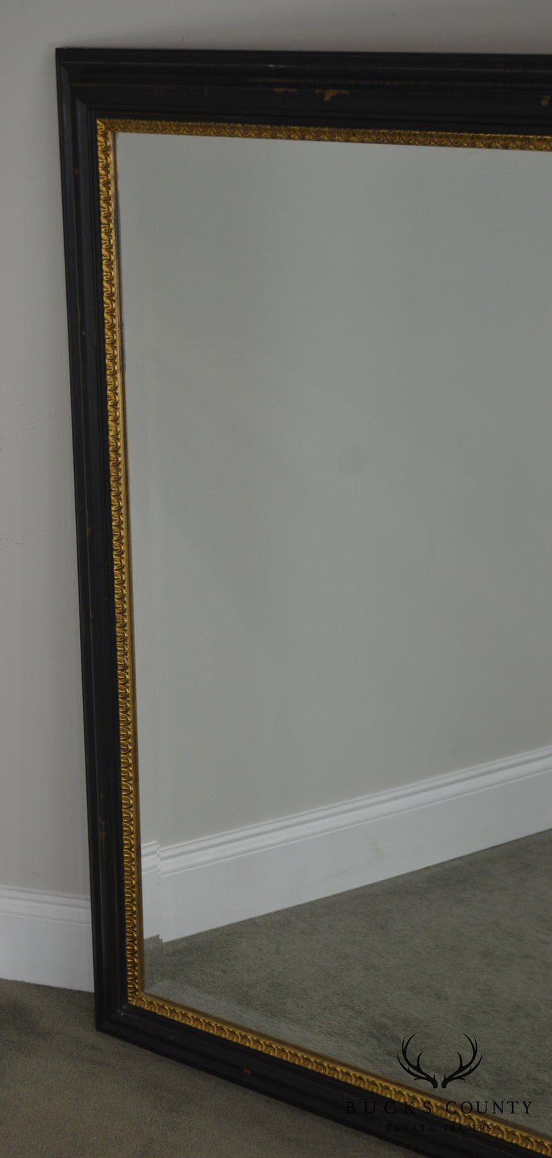 Regency Style Distressed Black & Gold Frame Rectangular Pair Beveled Mirrors