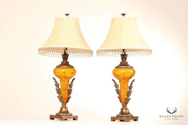 Neoclassical Style Pair of Amber Glass Faux Torch Table Lamps