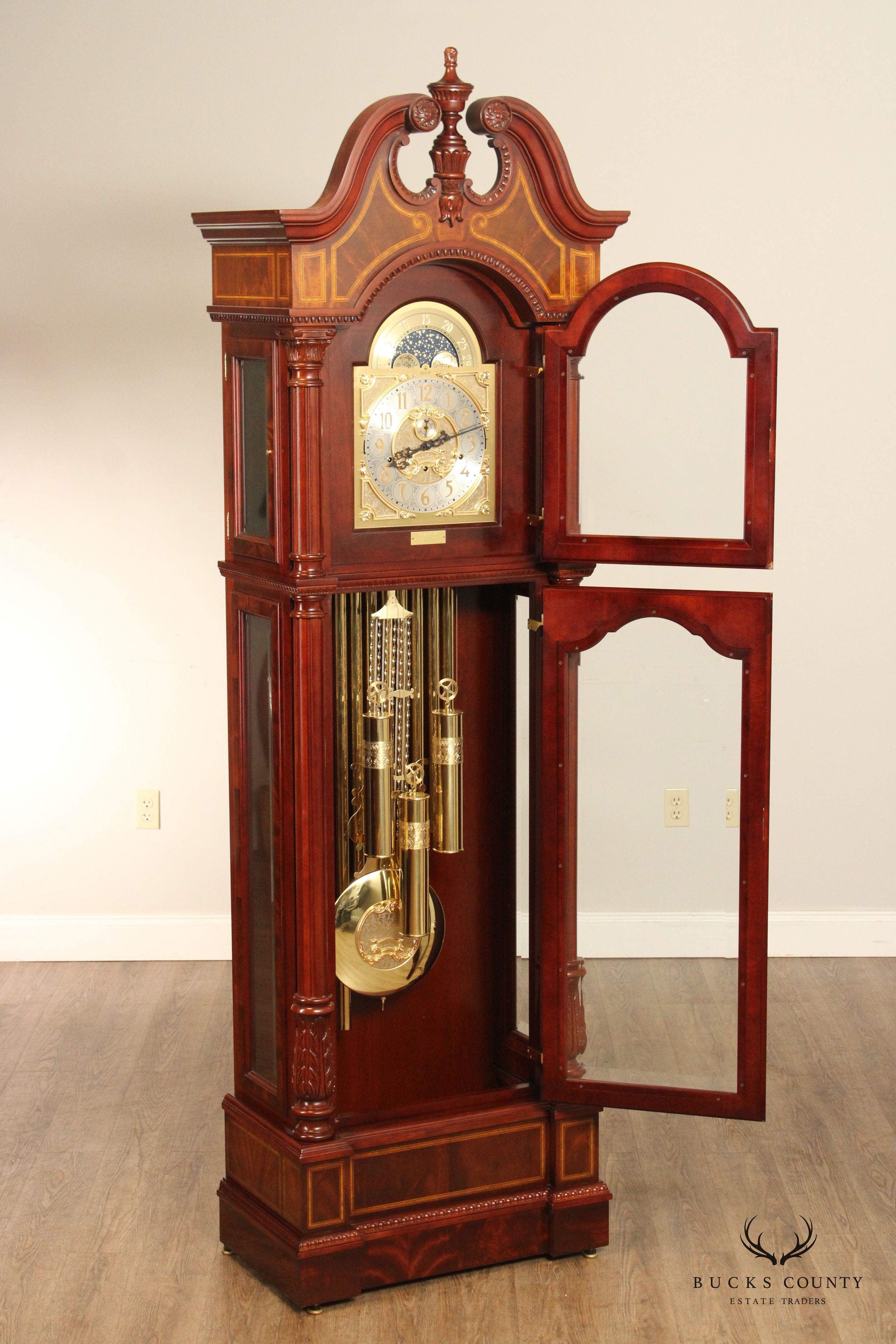 Charles R. Sligh Chippendale Inlaid Mahogany Grandfather Clock, Model 226