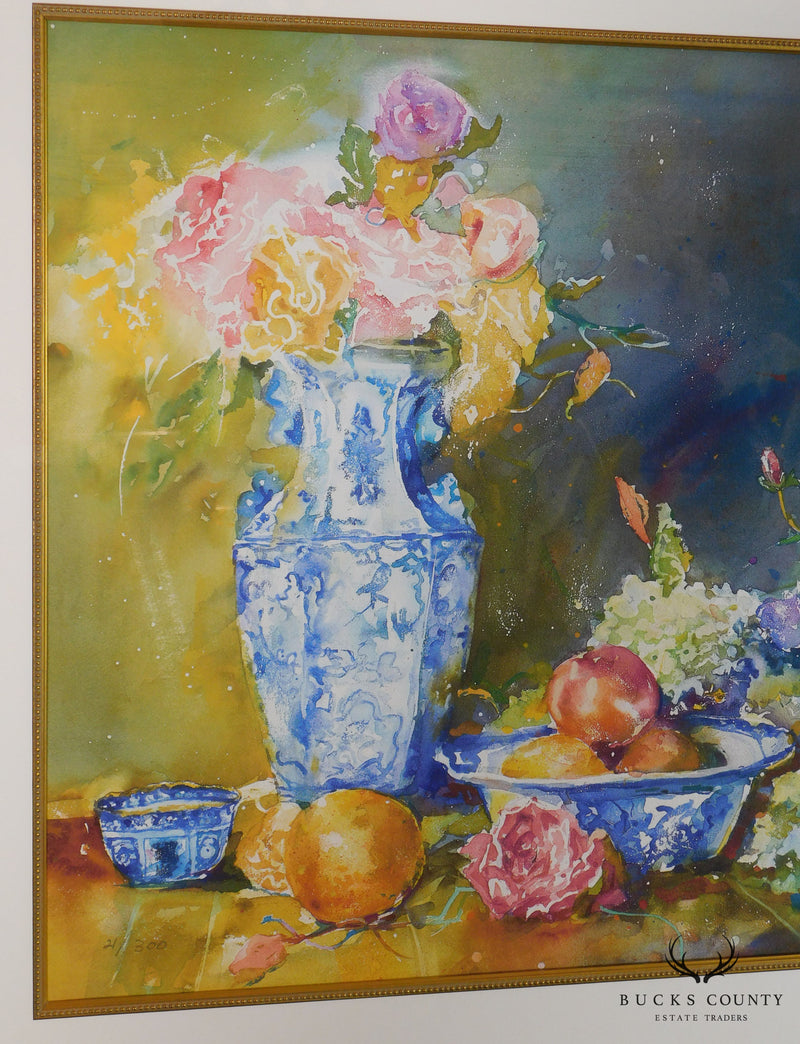 V. Weller Print 21/300 of Watercolor Fruit & Floral Still Life with Blue & White China