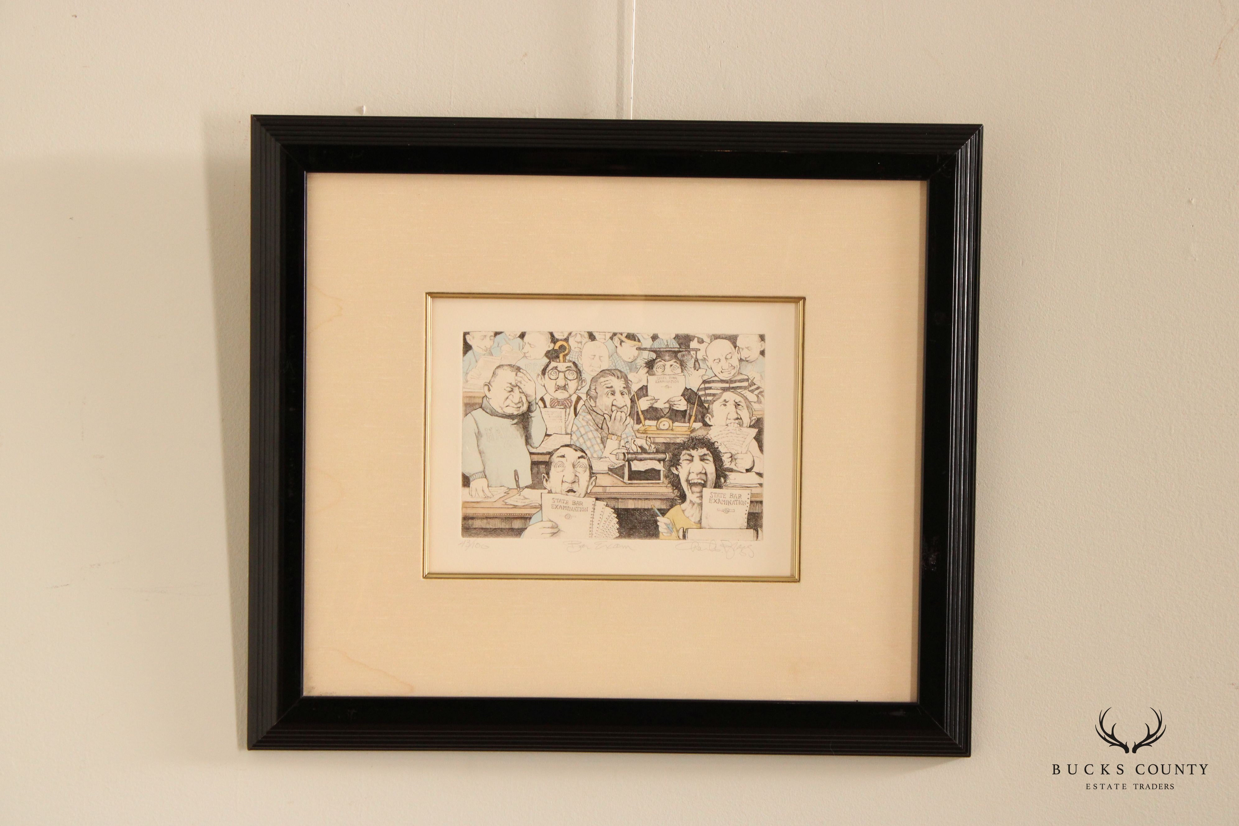 Charles Bragg 'Bar Exam' Limited Edition Etching, Custom Framed