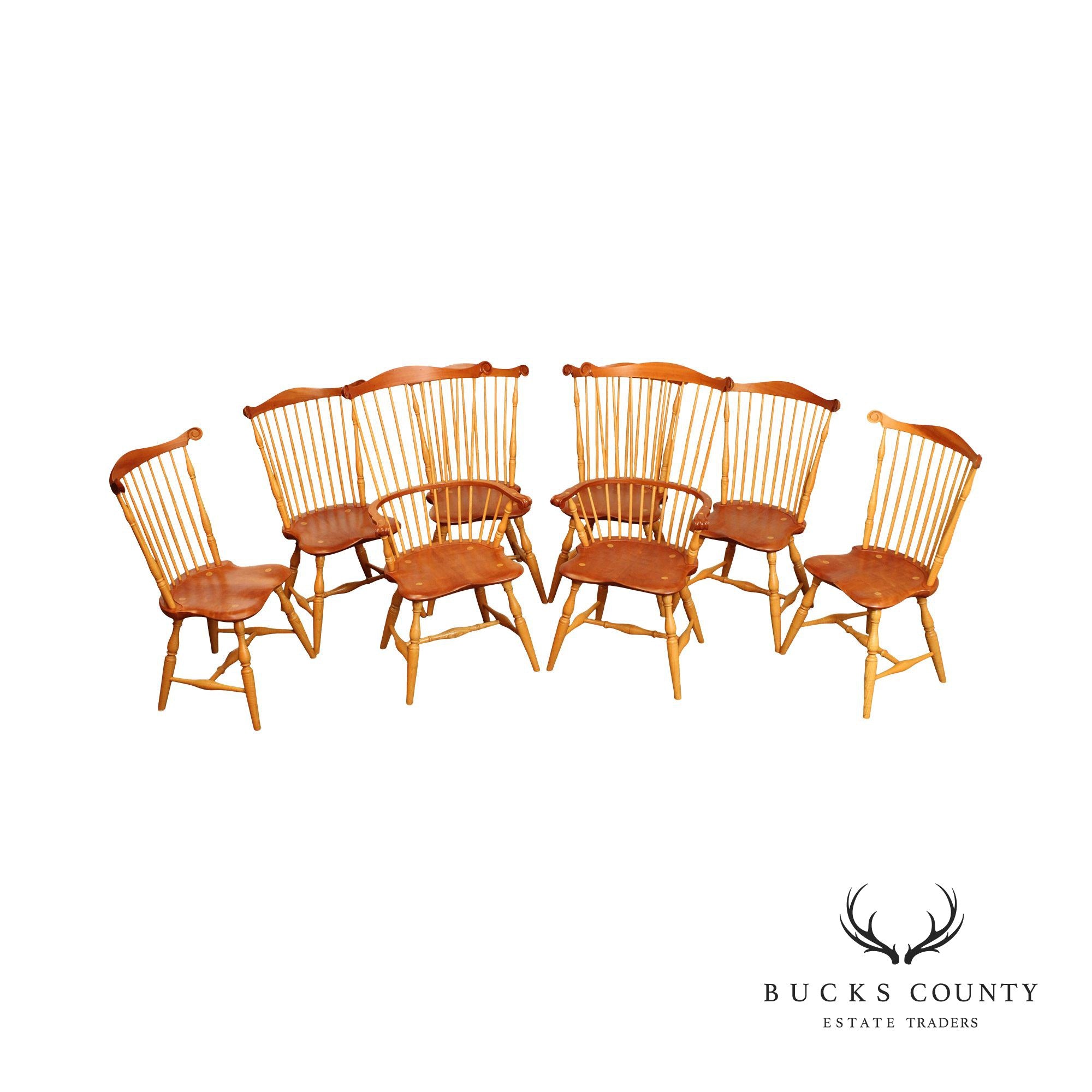 Custom Quality Set of Eight Mixed Wood Windsor Dining Chairs