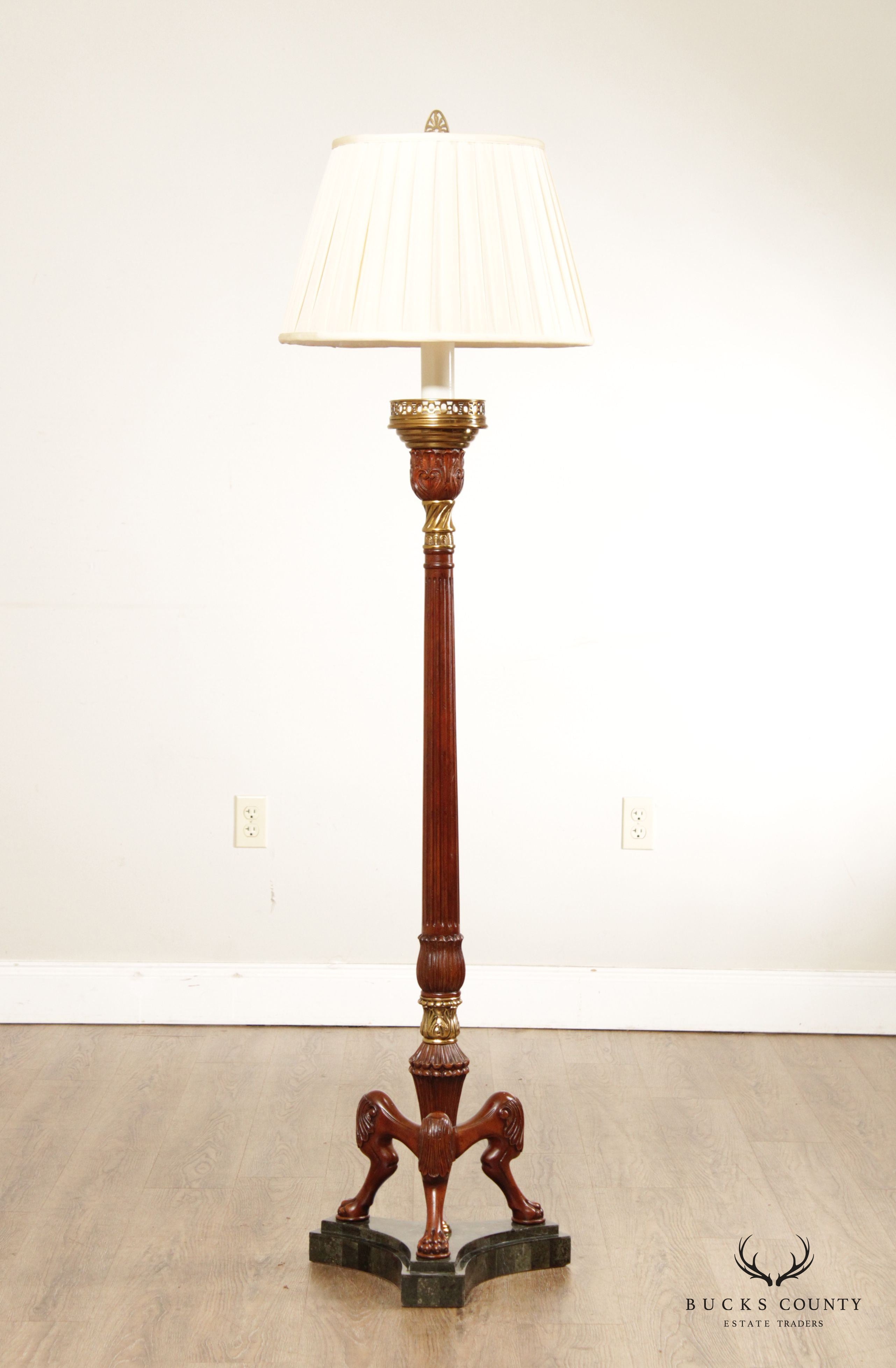 Maitland Smith Empire Style Mahogany Brass Floor Lamp with Shade