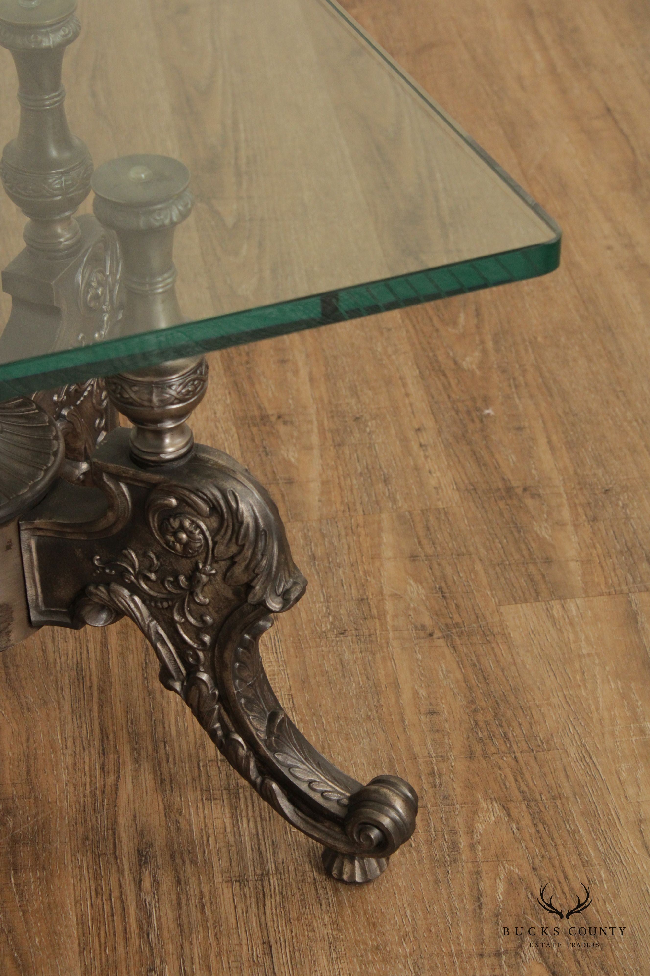 Victorian Style Pair of Cast Metal Glass-Top Coffee Tables