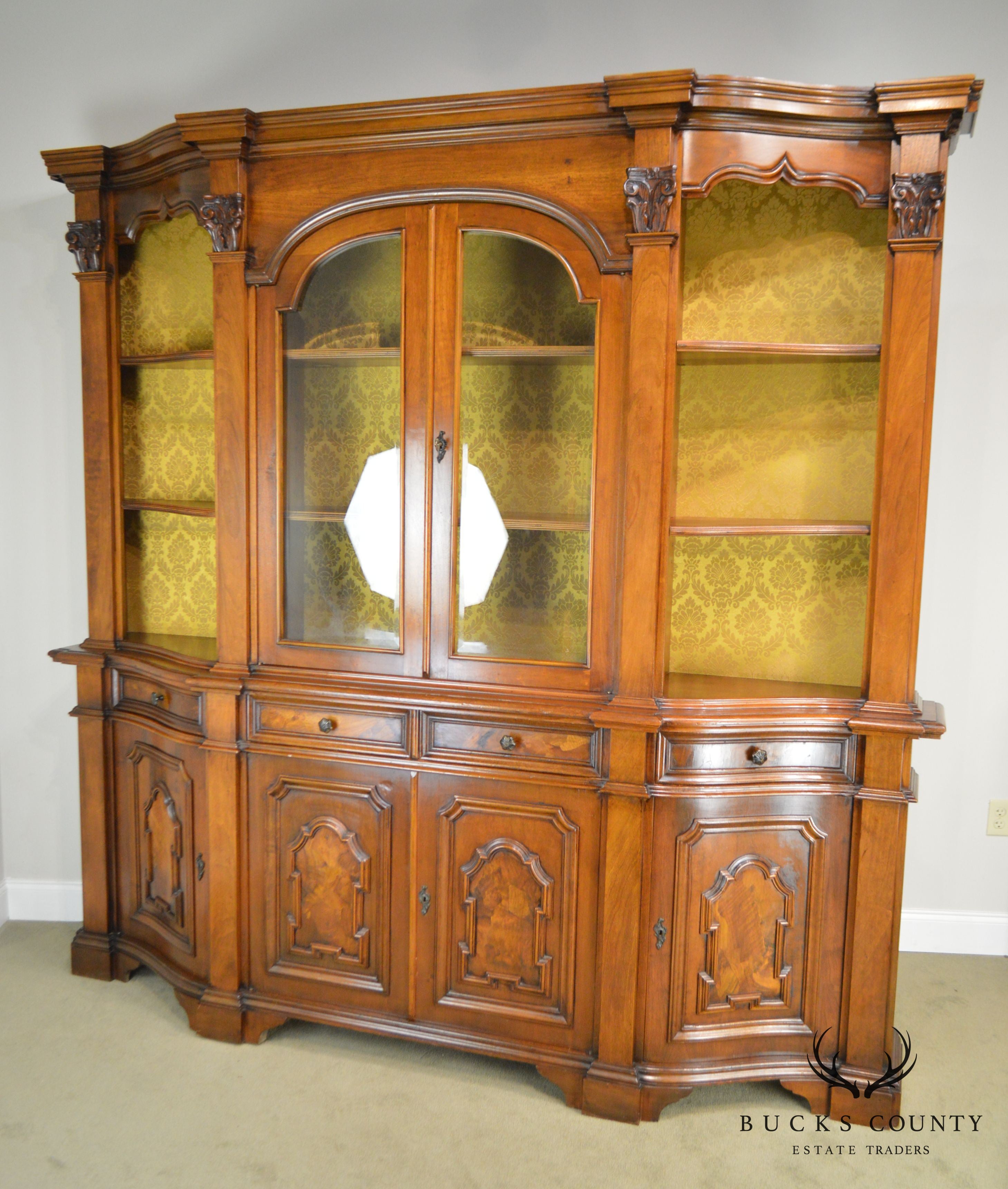 Italian Walnut Vintage 1960's Large Walnut Bookcase Breakfront