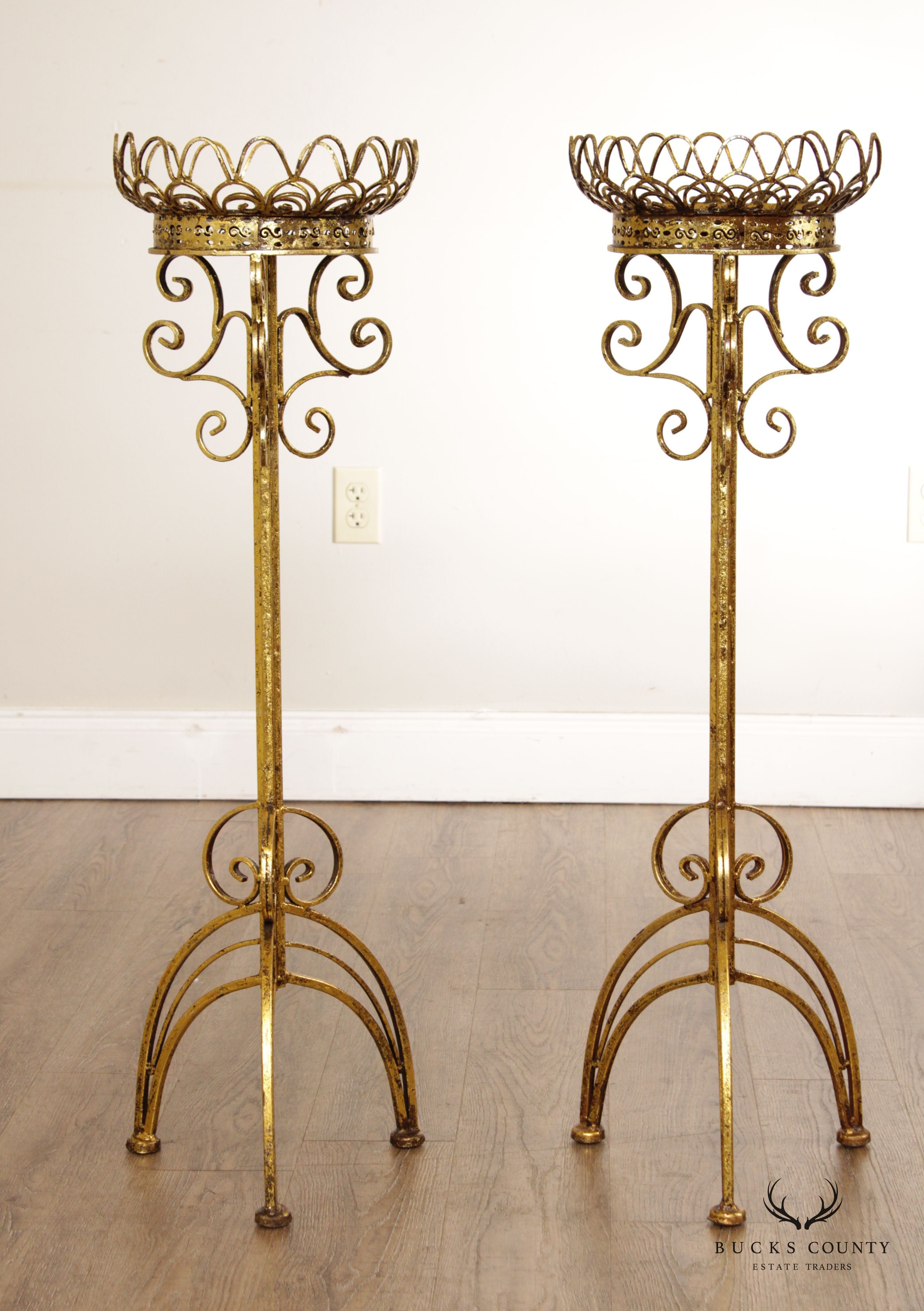 Hollywood Regency Pair Gilt Metal Scroll Candle Stands