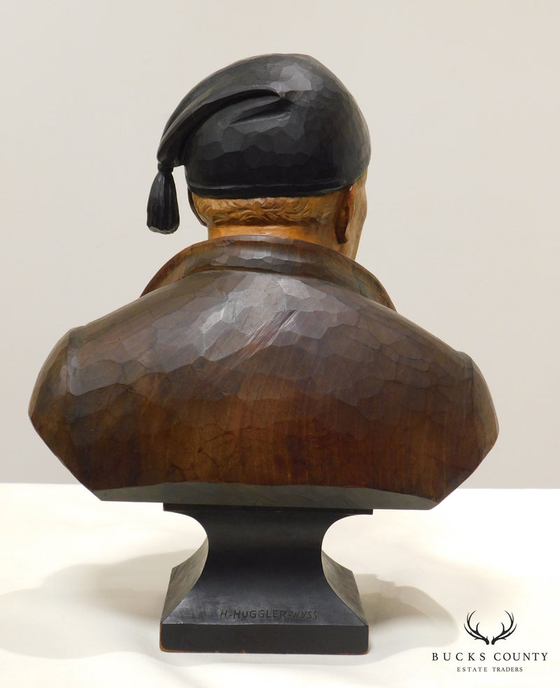 H. Huggler - Wyss Hand Carved Polychrome Wood Bust of Old Man