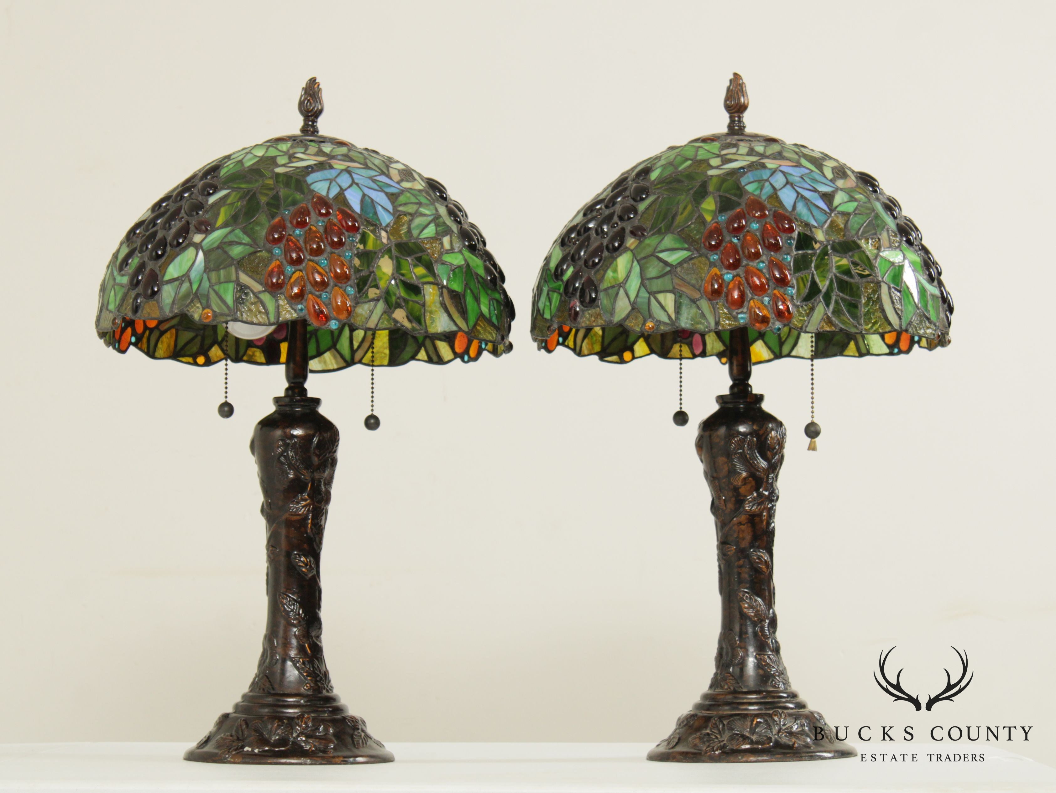 Art Nouveau Style Foliage Table Lamps with Art Glass Shades