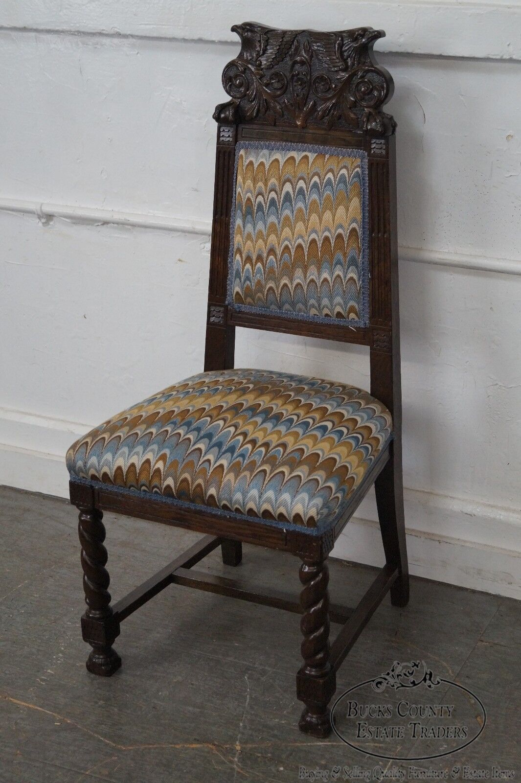 Antique 19th Century Carved Eagle Barley Twist Pair of Side Chairs (A)