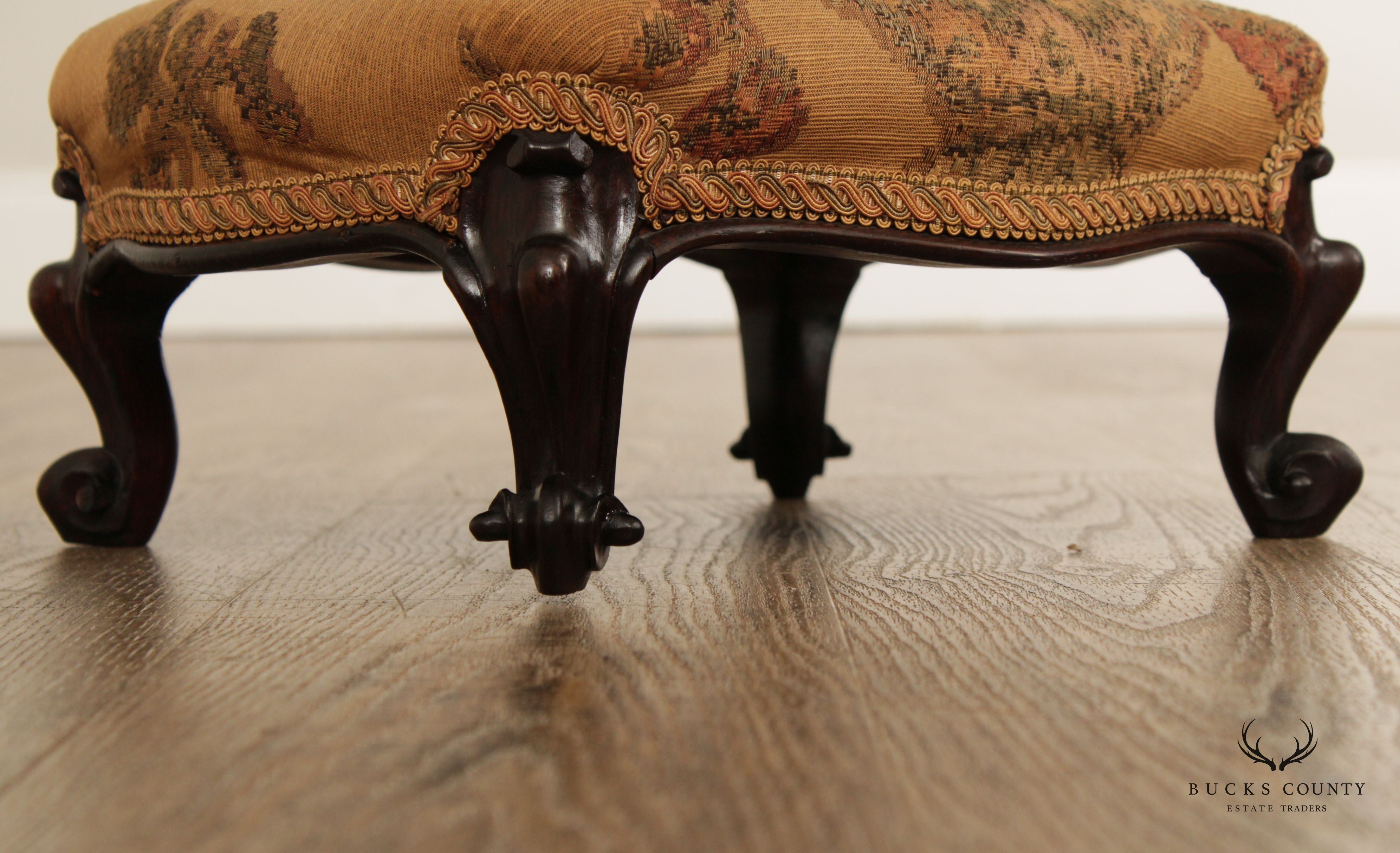 Antique Victorian Carved Rosewood Pair Custom Upholstered Footstools