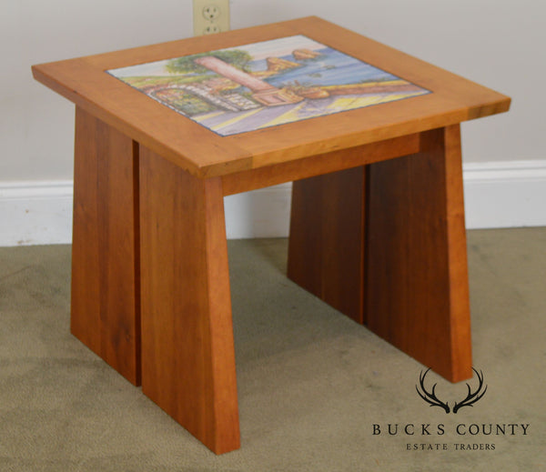 Studio Crafted Solid Cherry Square Side Tables W/ Hand Painted Italian Capri Tiles