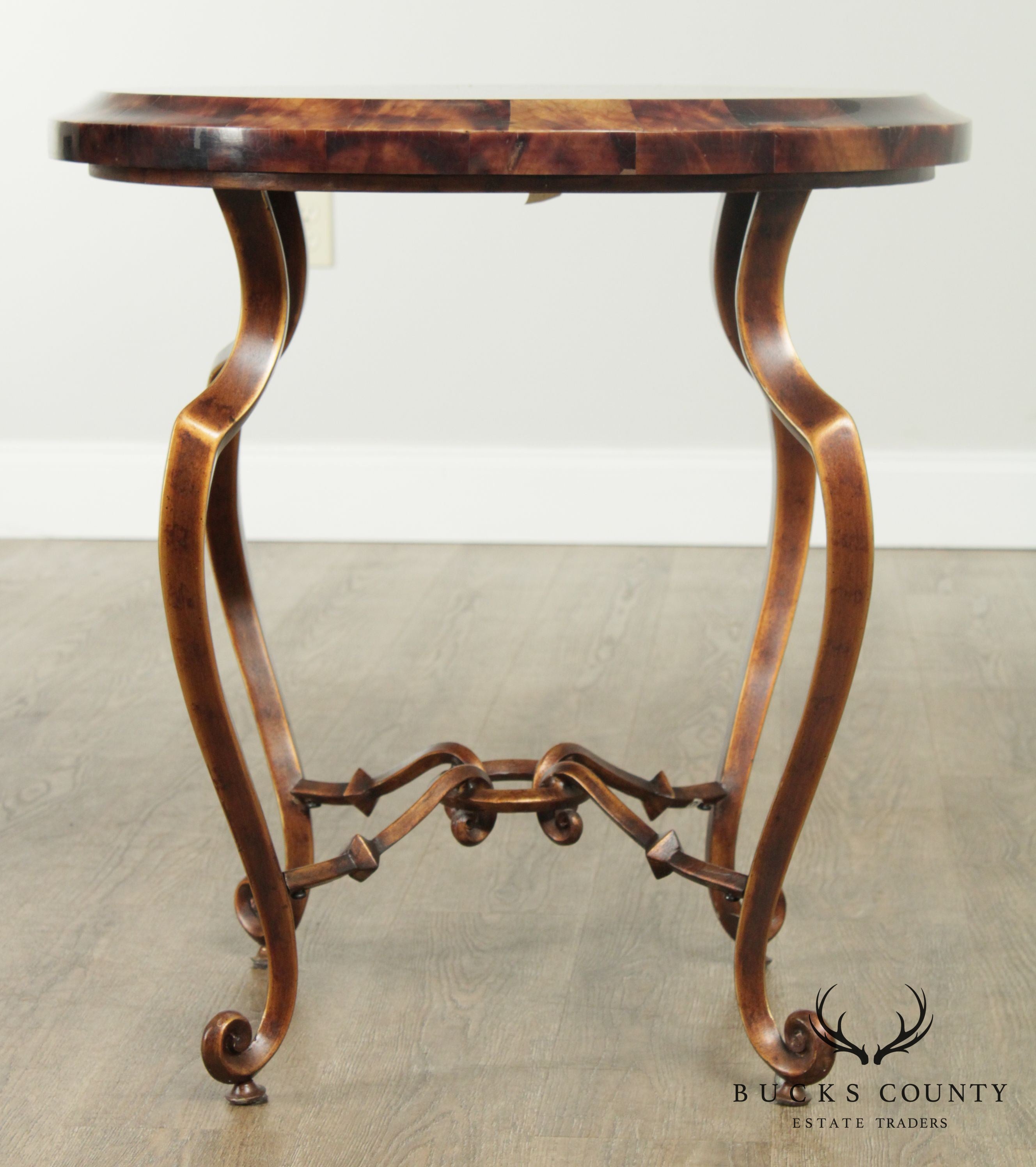 Regency Style Round Faux Tessellated Horn Iron Base Side Table