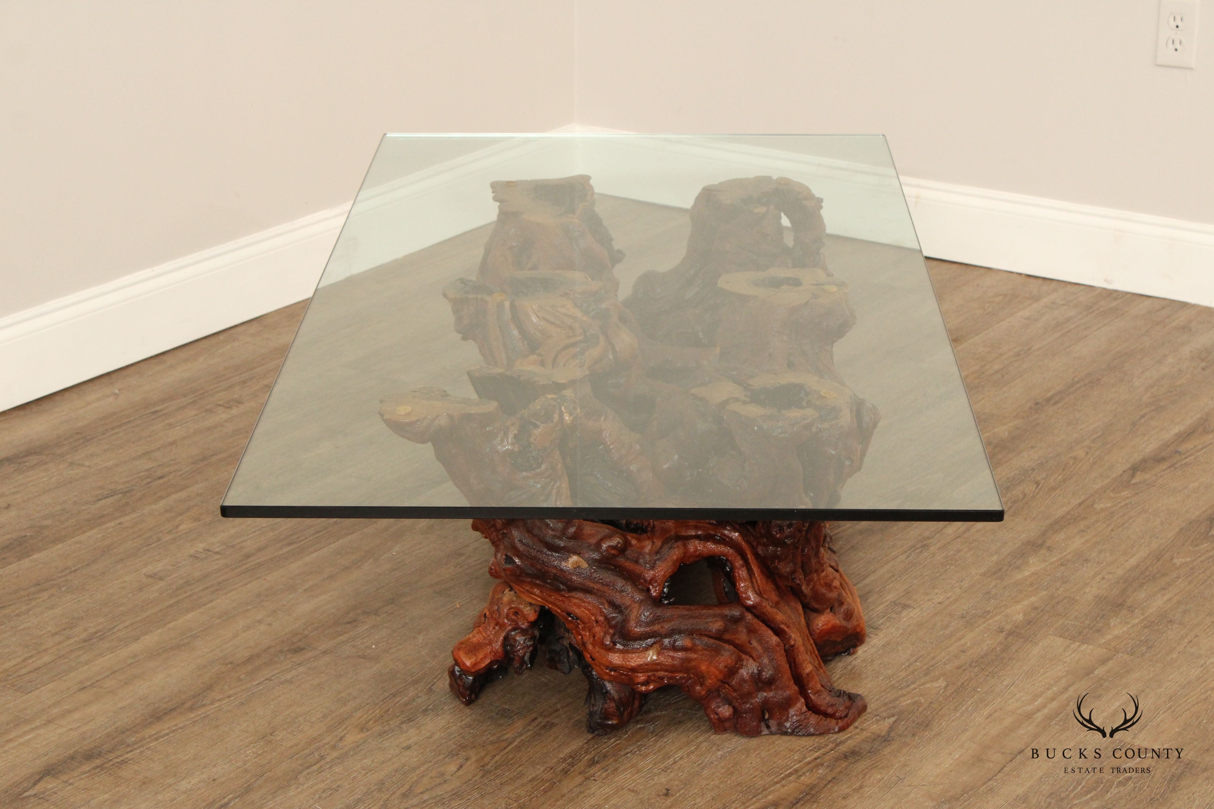 VINTAGE ROOT WOOD BASE GLASS TOP COFFEE TABLE