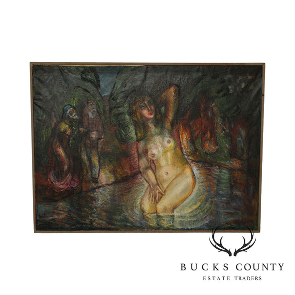 Laszlo Kemeny, Susanna and the Elders, Female Nude Oil on Canvas Framed