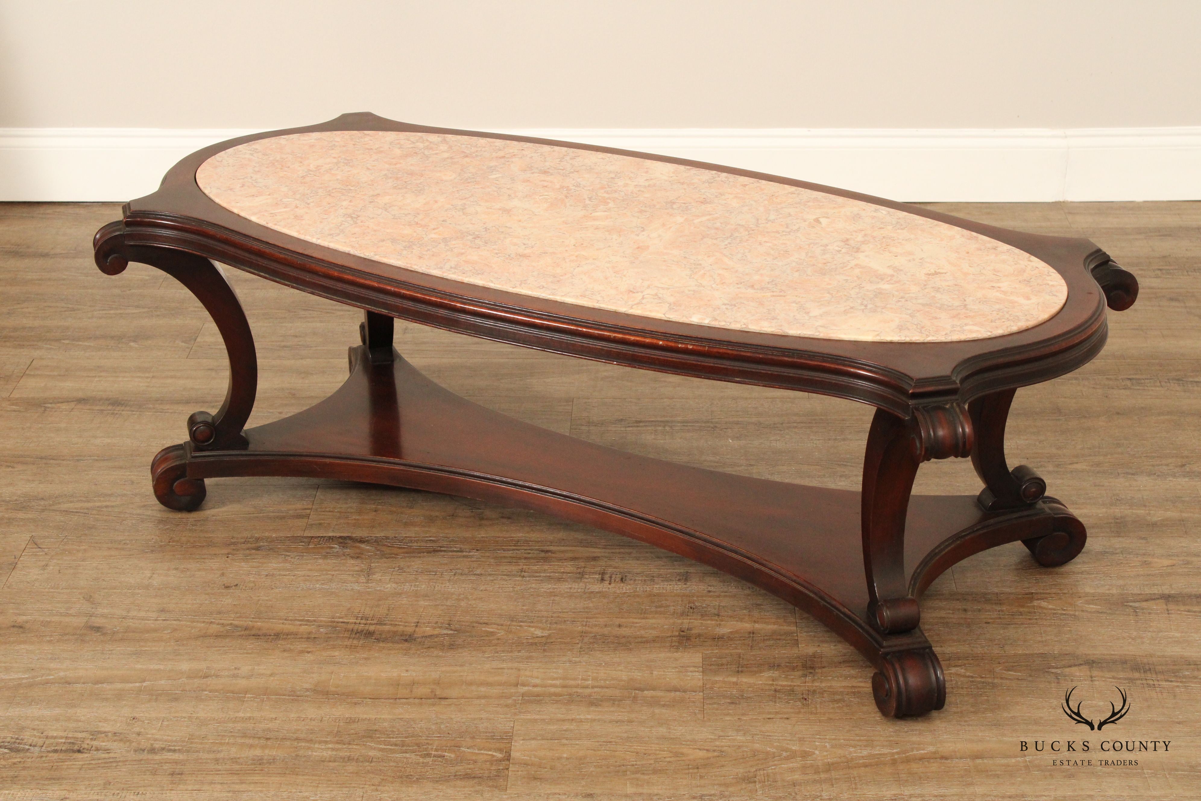 French Empire Style Vintage Marble Top Mahogany Coffee Table