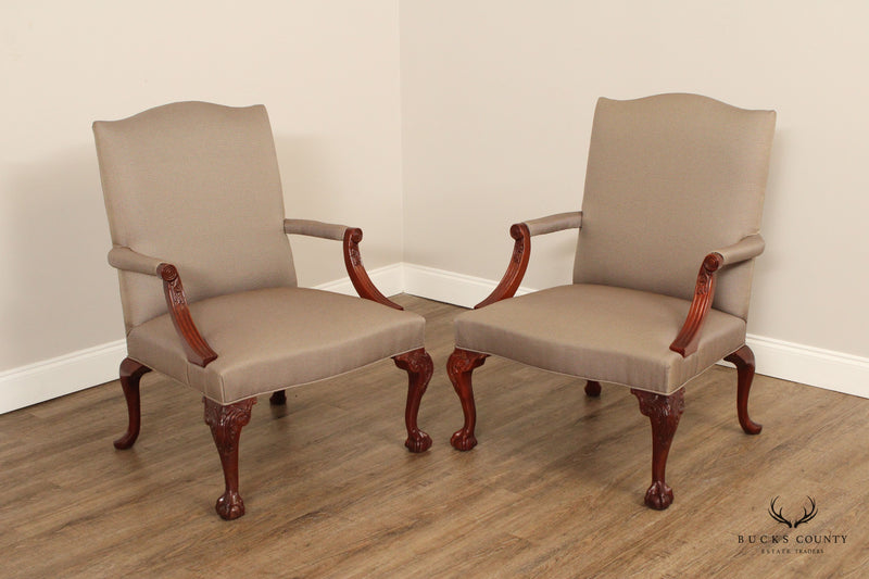 Chippendale Style Pair of Mahogany Ball and Claw Foot Library Armchairs