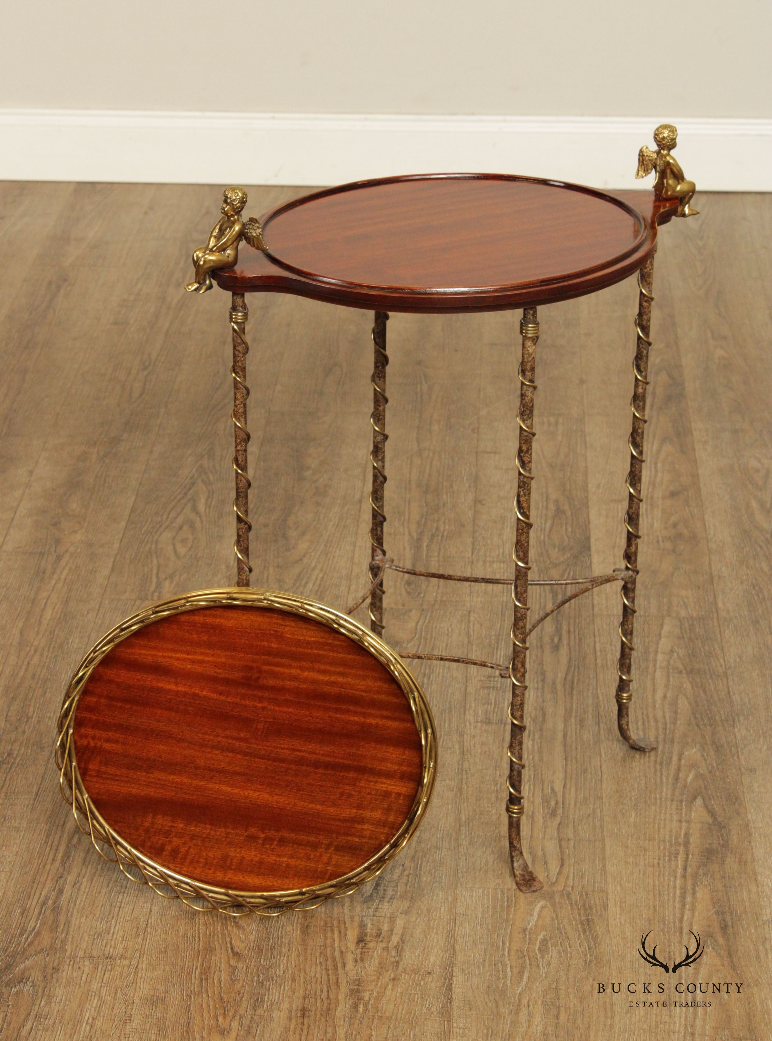 LaBarge Regency Style Mahogany and Brass Cherub Oval Plant Stand