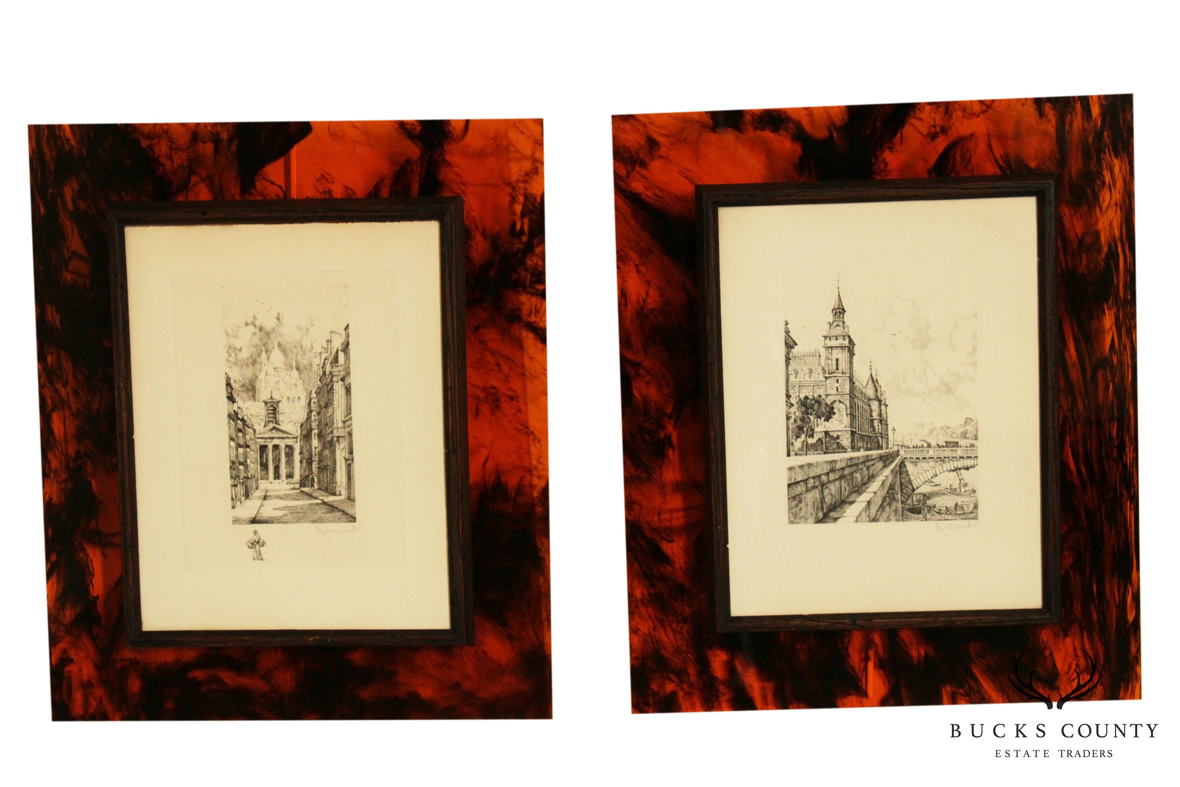 French Paris Street Scene Pair of Etchings