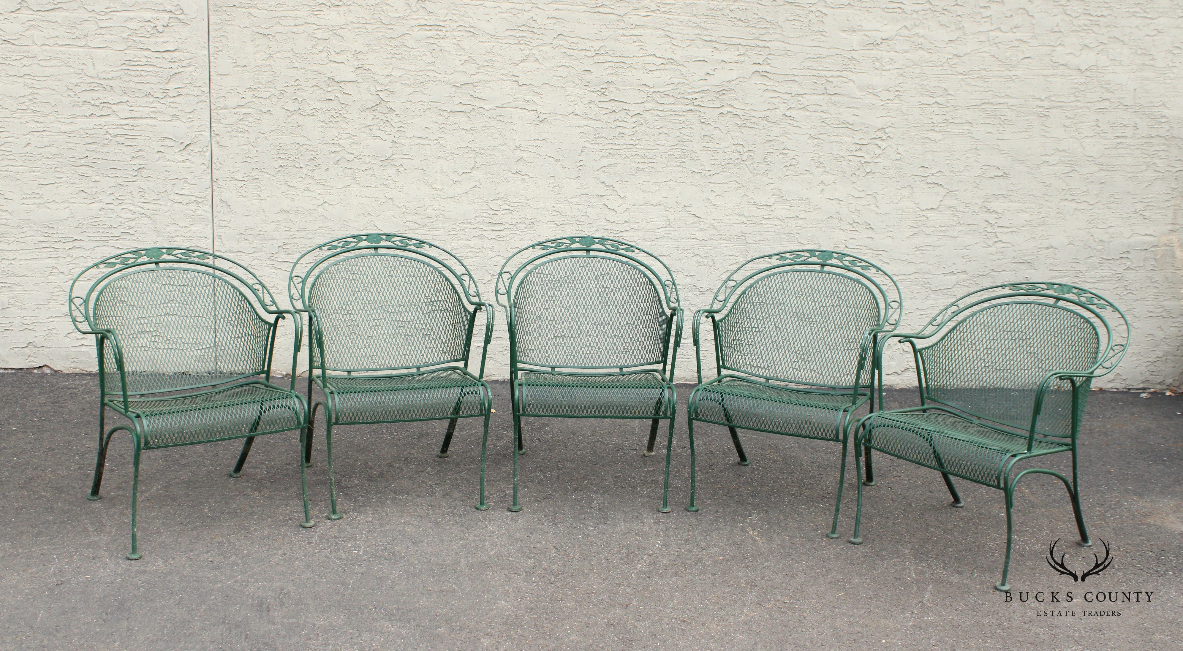 Vintage Wrought Iron Set of Five Outdoor Patio Dining Chairs